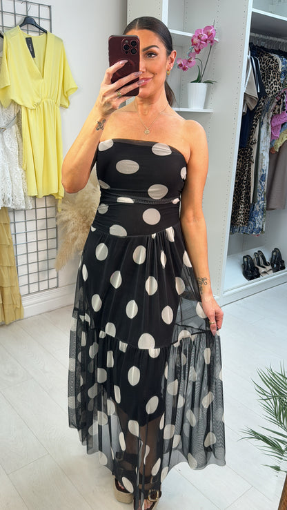 Louella Polka Dot Mesh Bardot Dress