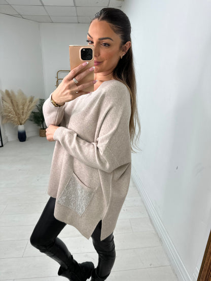 Robin Oversized Diamante Pocket Front Jumper