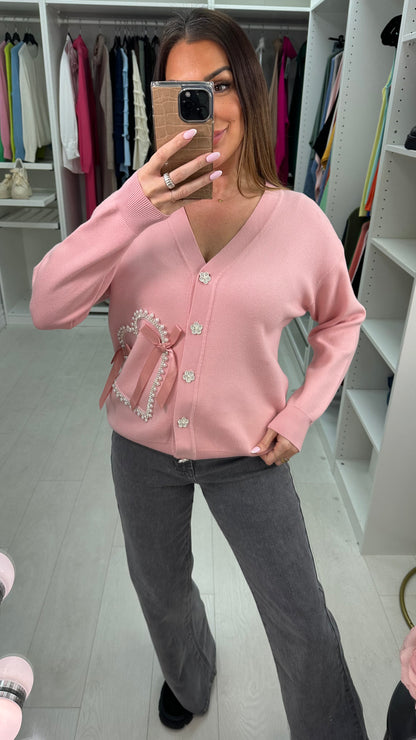 Elliana Embellished Heart V Neck Cardigan
