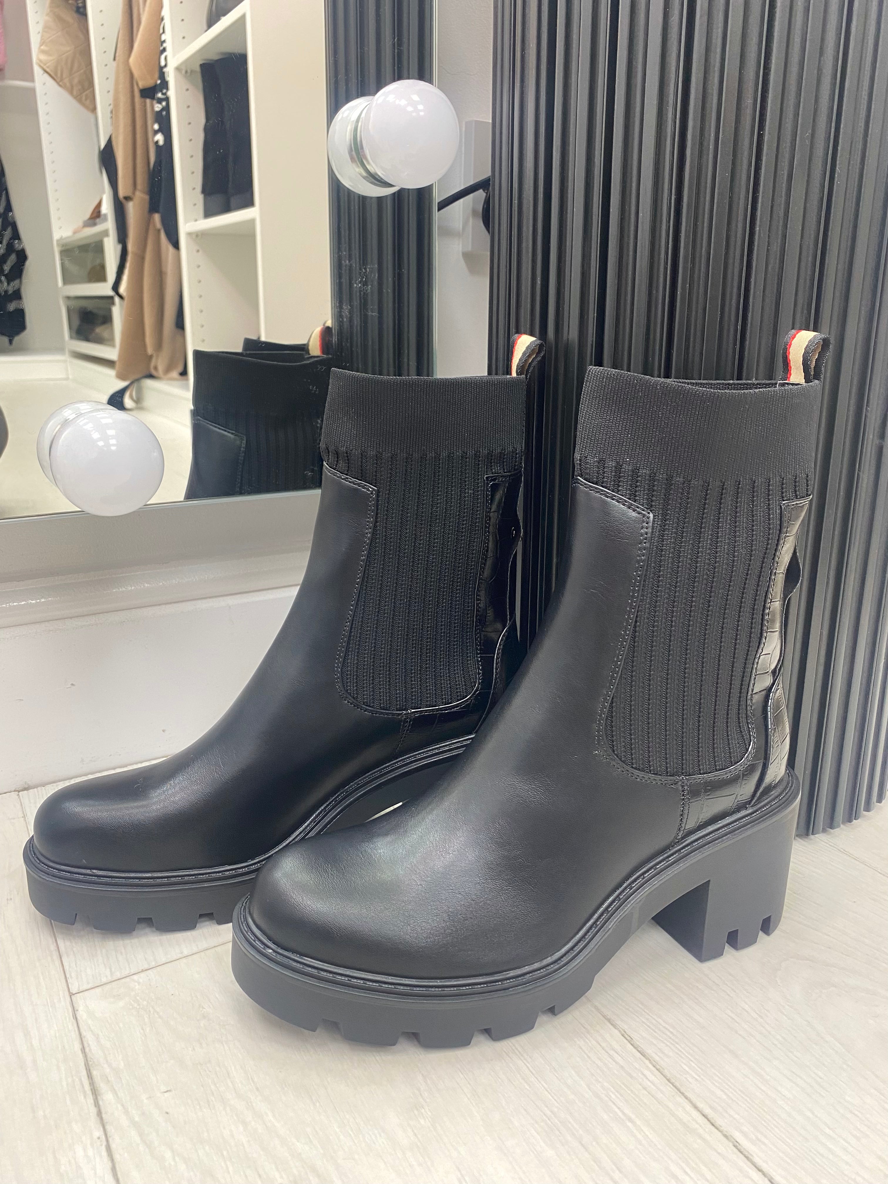 Marco Black Faux Leather Ribbed Sock Boots