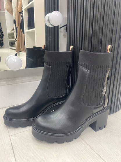 Marco Black Faux Leather Ribbed Sock Boots