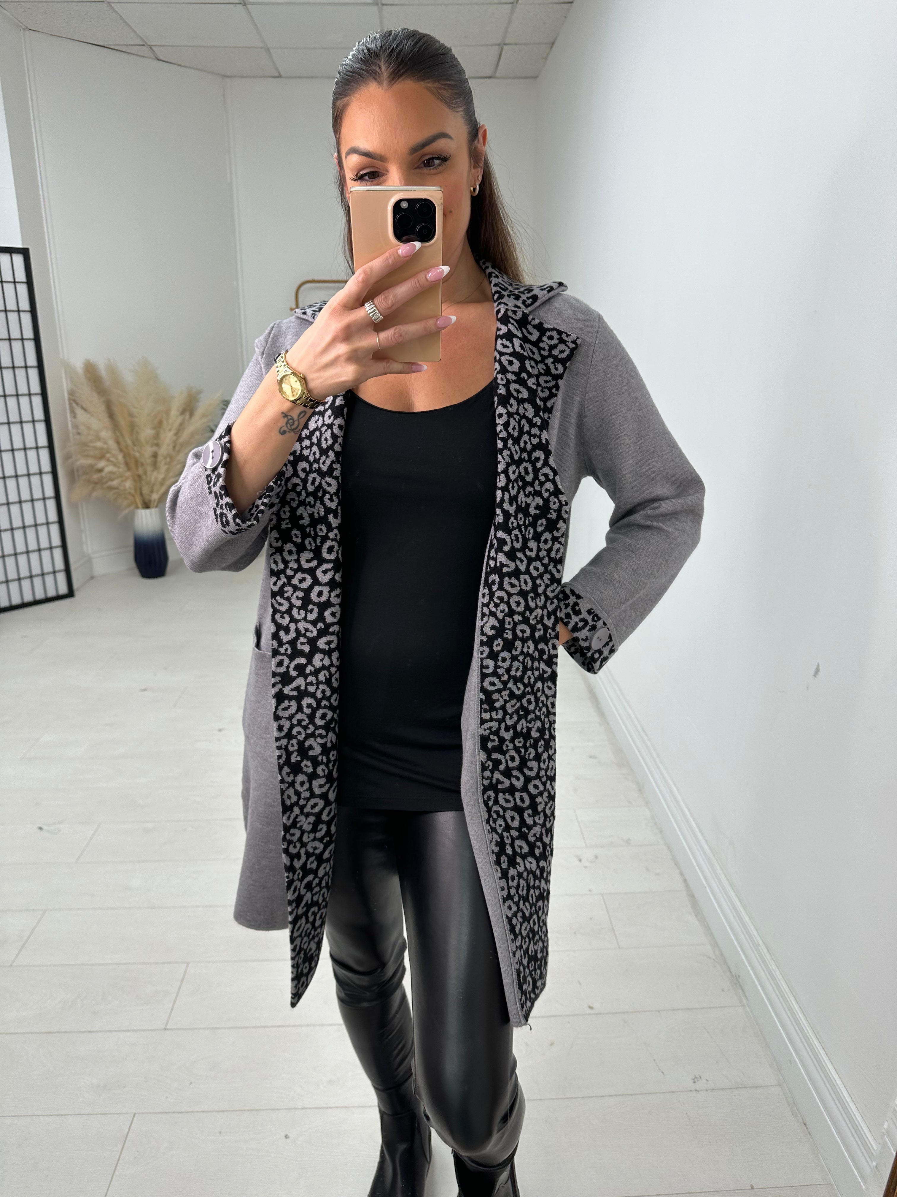 Karolina Leopard Print Detail Longline Knit Jacket