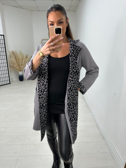 Karolina Leopard Print Detail Longline Knit Jacket