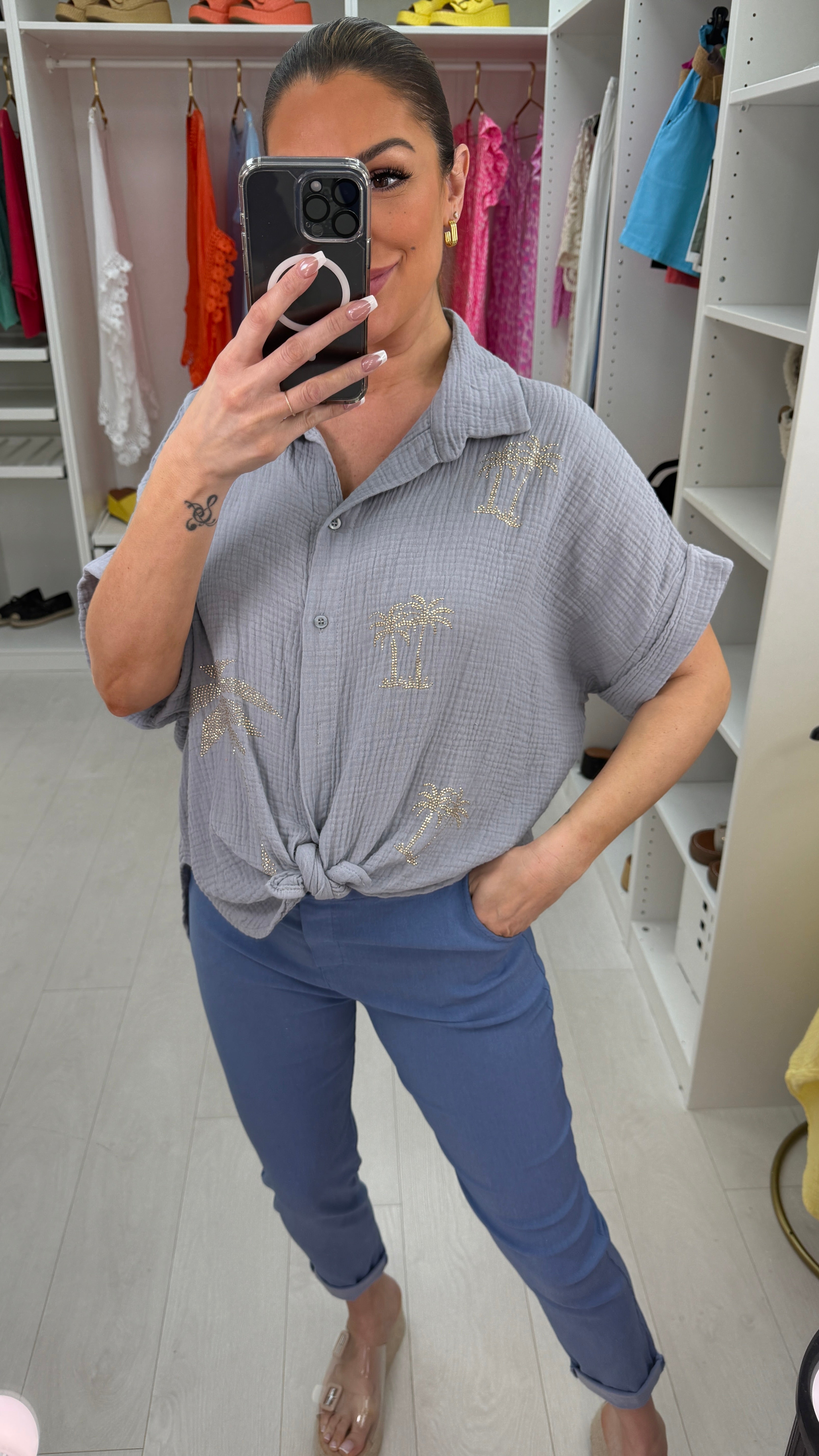 Martyna Embellished Palm Tree Cheesecloth Shirt