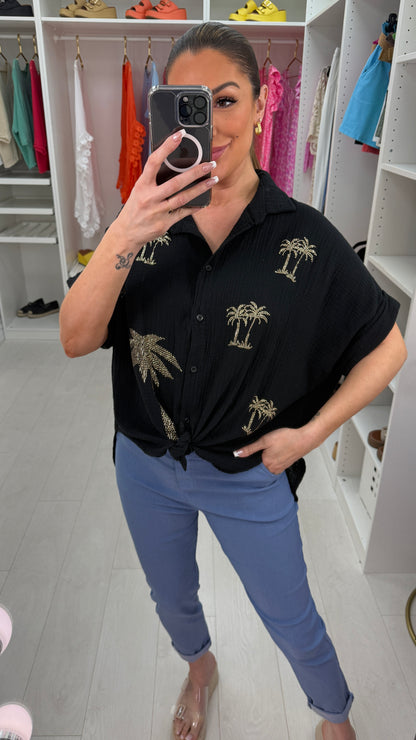 Martyna Embellished Palm Tree Cheesecloth Shirt