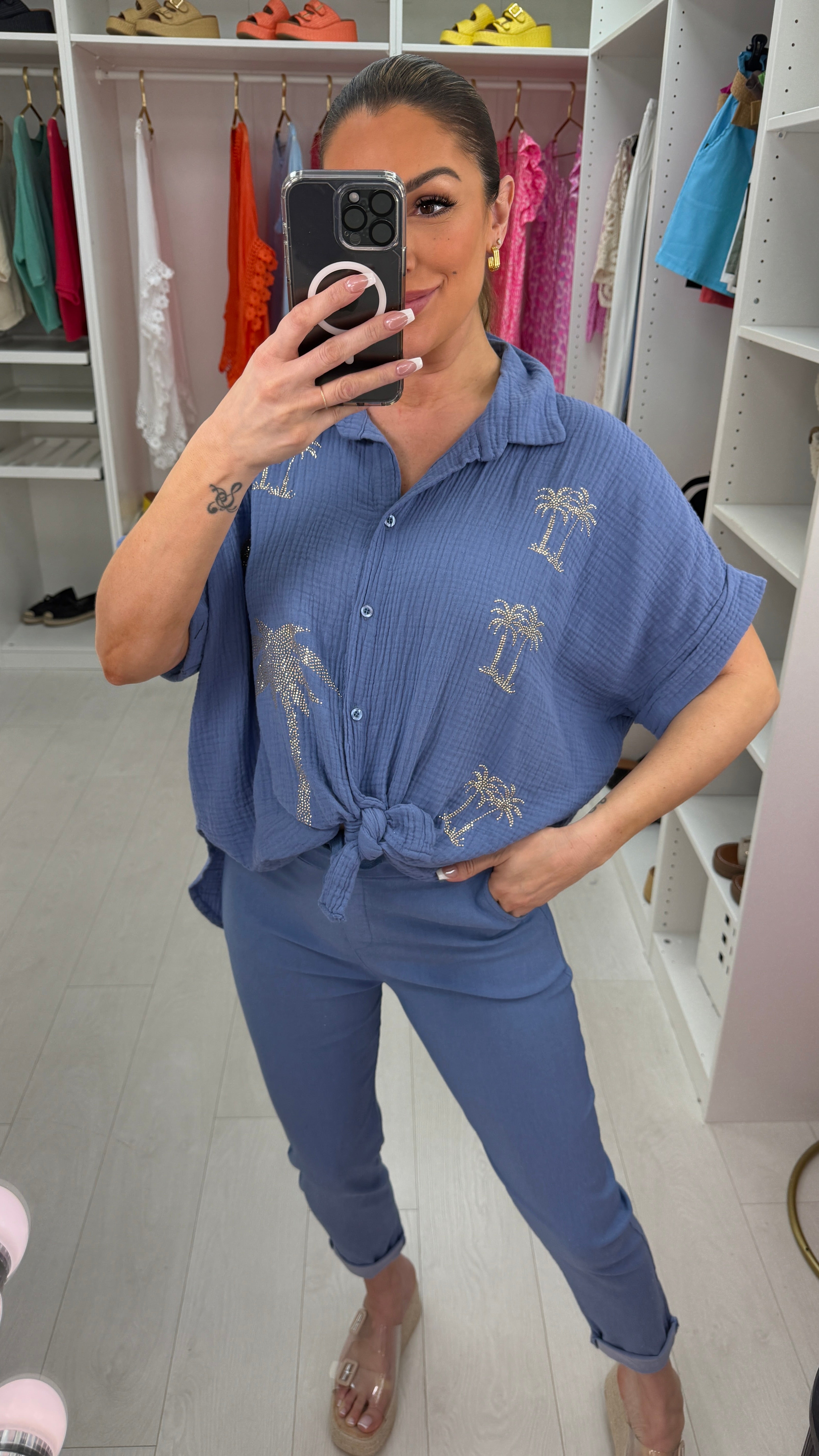 Martyna Embellished Palm Tree Cheesecloth Shirt