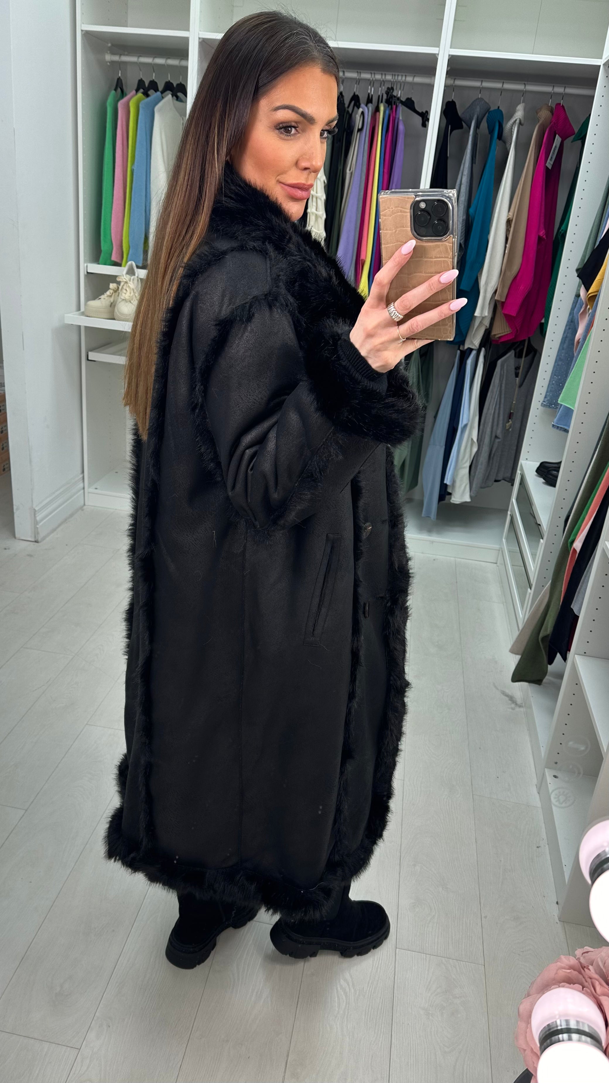 Gracey Faux Fur/Faux Suede Reversible Longline Coat