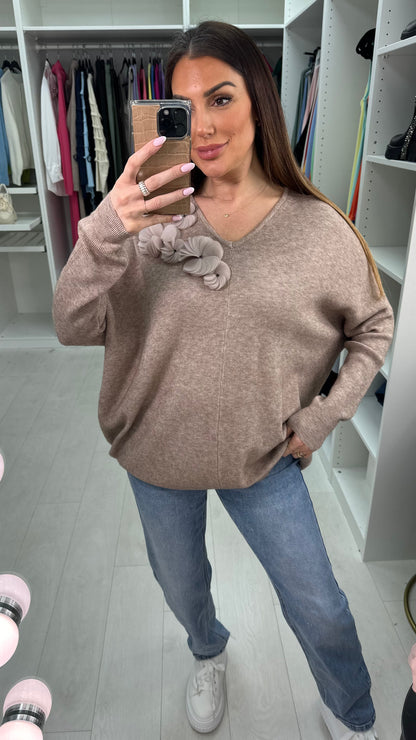 Kally Floral Detail V Neck Knit Jumper