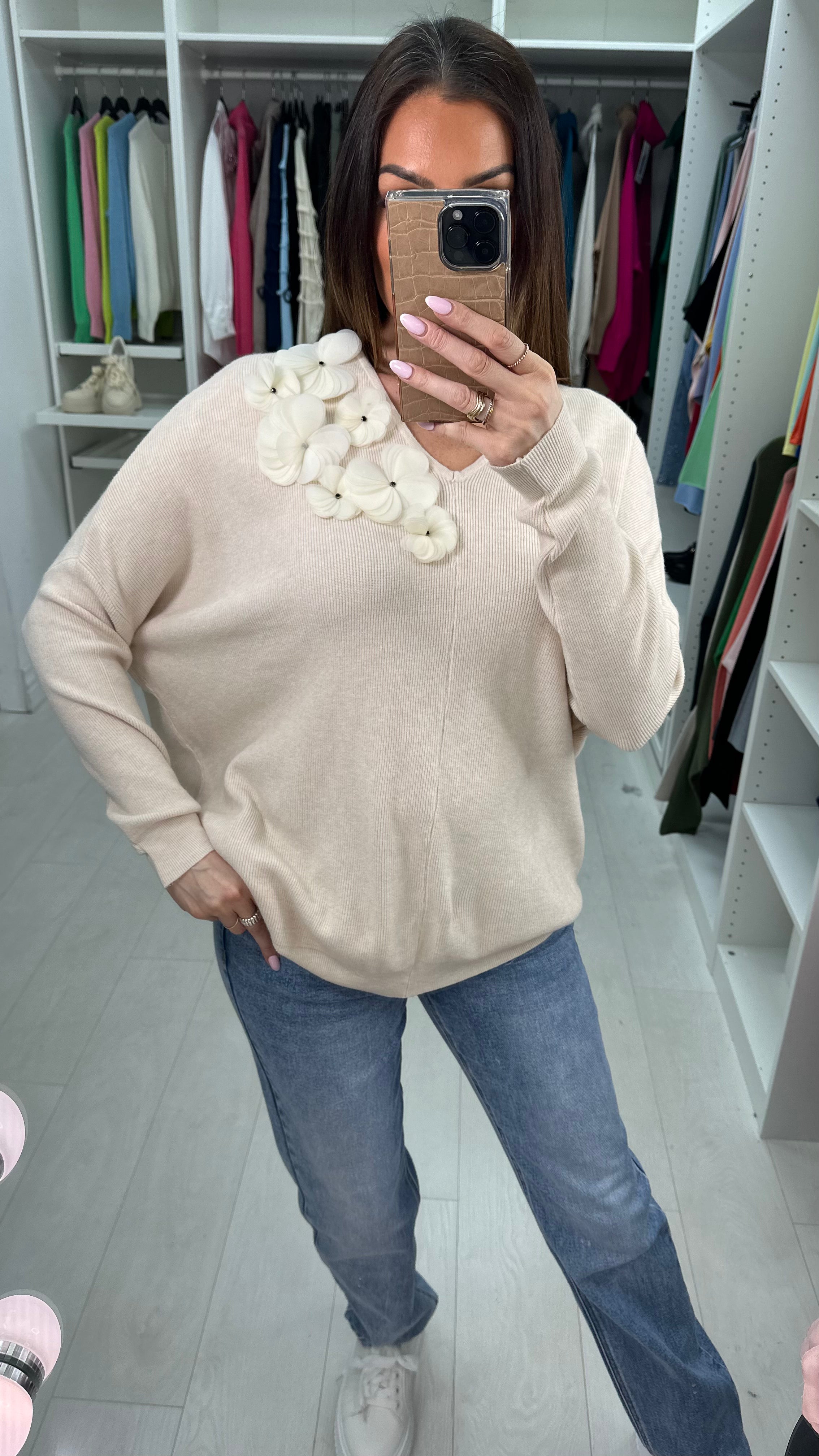 Kally Floral Detail V Neck Knit Jumper