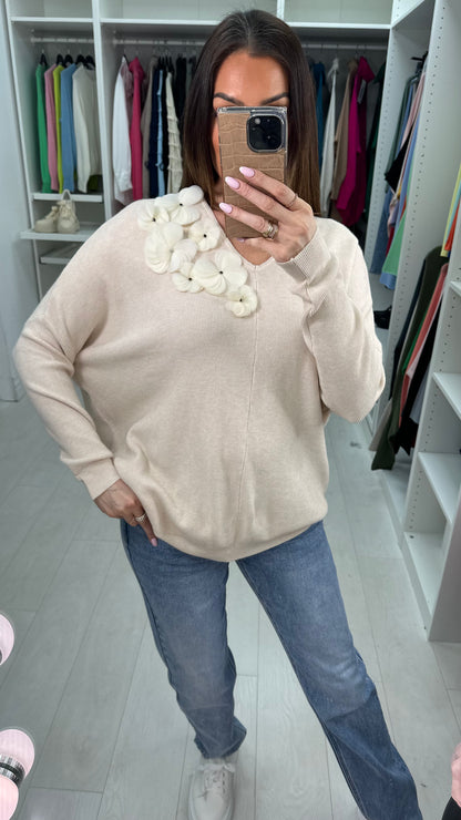 Kally Floral Detail V Neck Knit Jumper