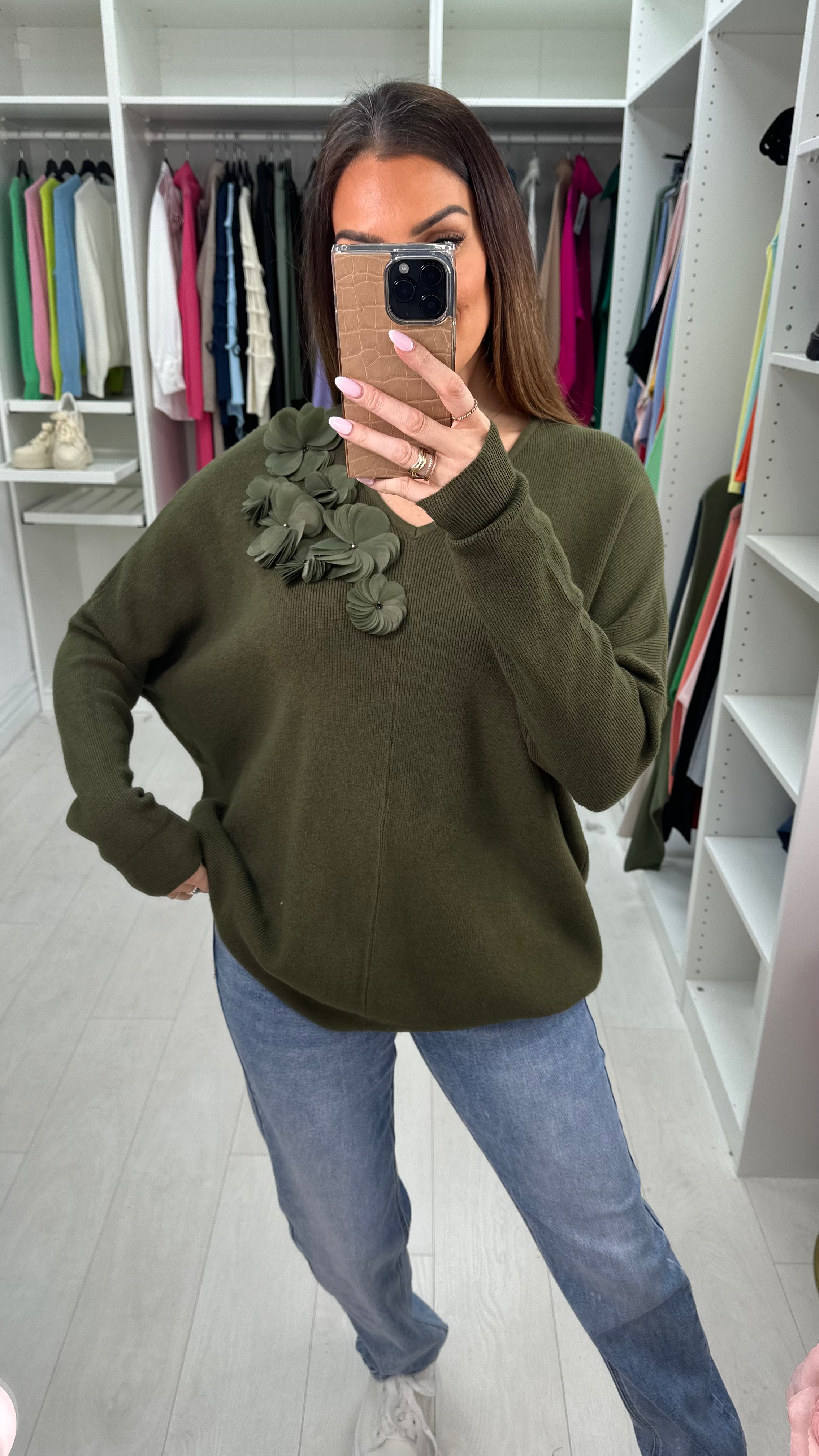 Kally Floral Detail V Neck Knit Jumper