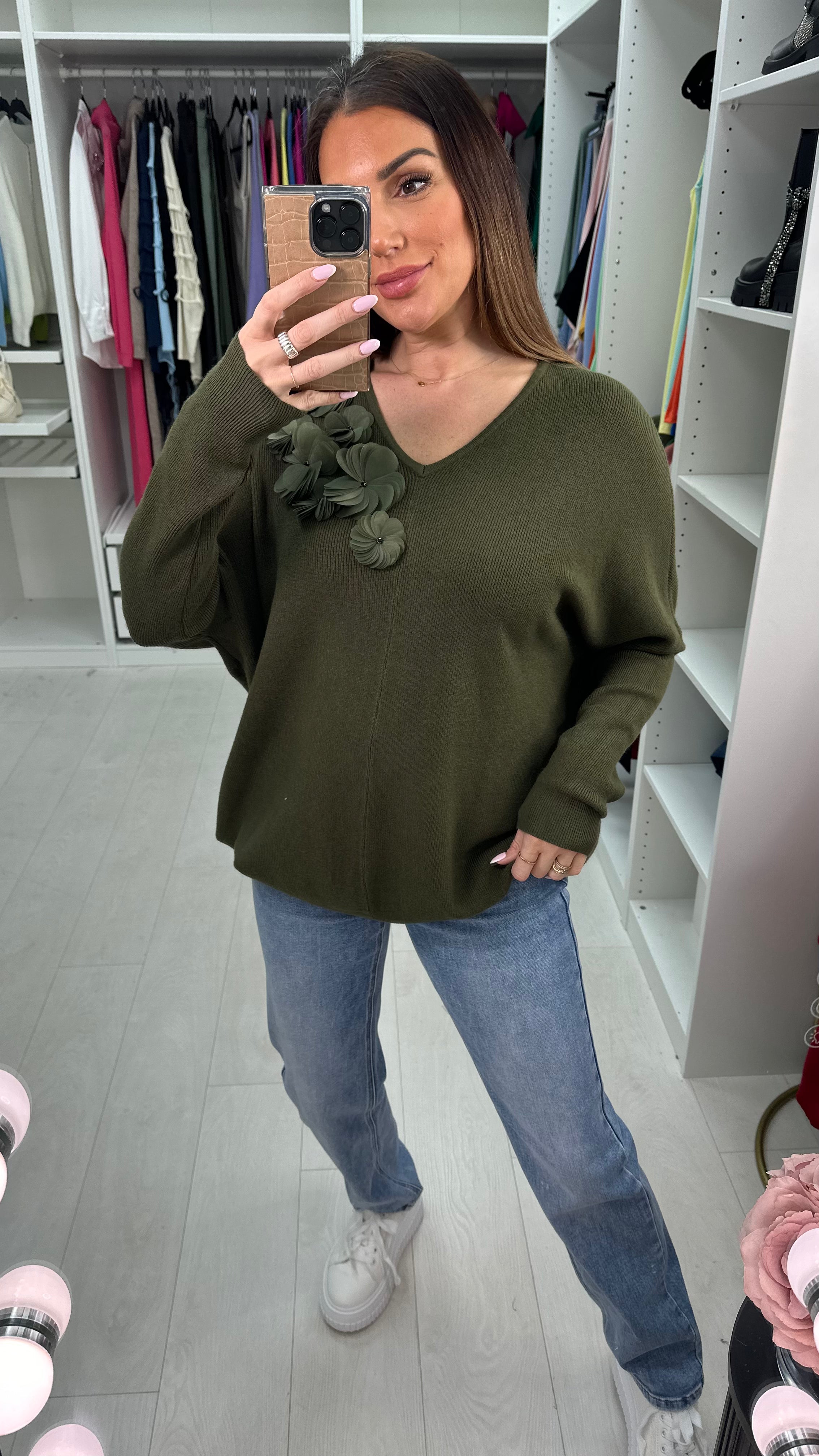 Kally Floral Detail V Neck Knit Jumper