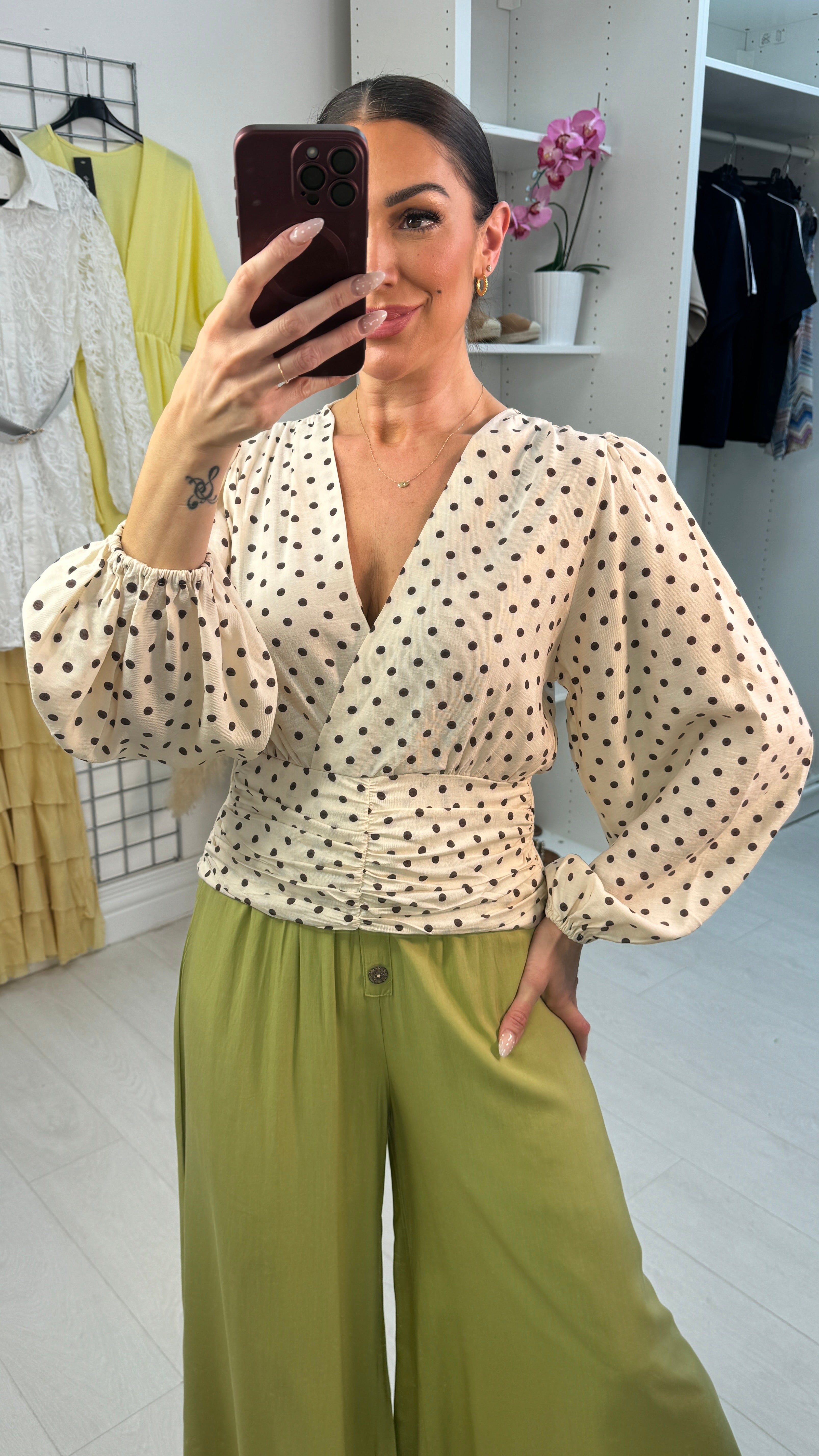 Haley Polka Dot Deep V Neck Top