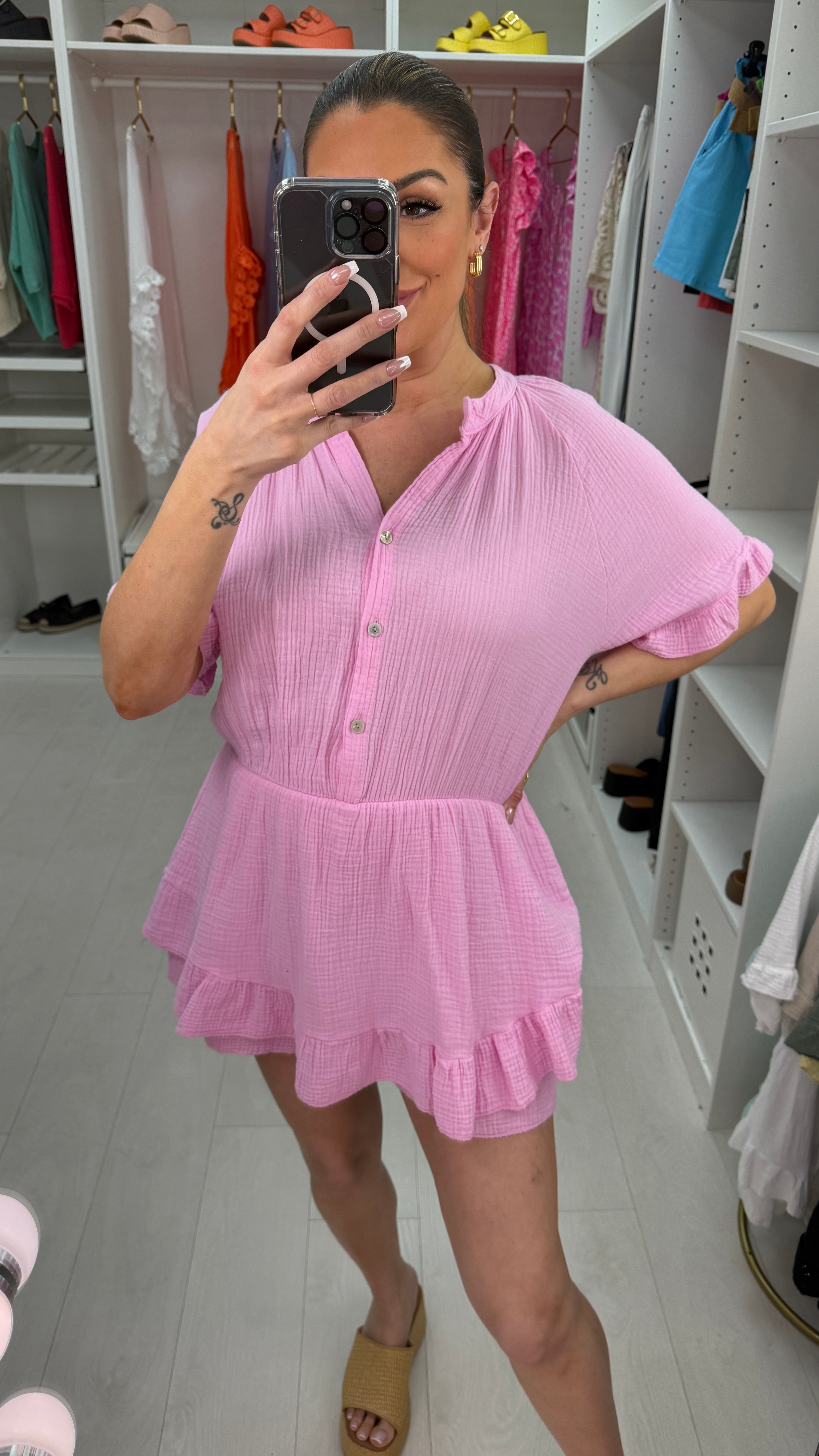 Keoni Cheesecloth Short Sleeve Skort Playsuit