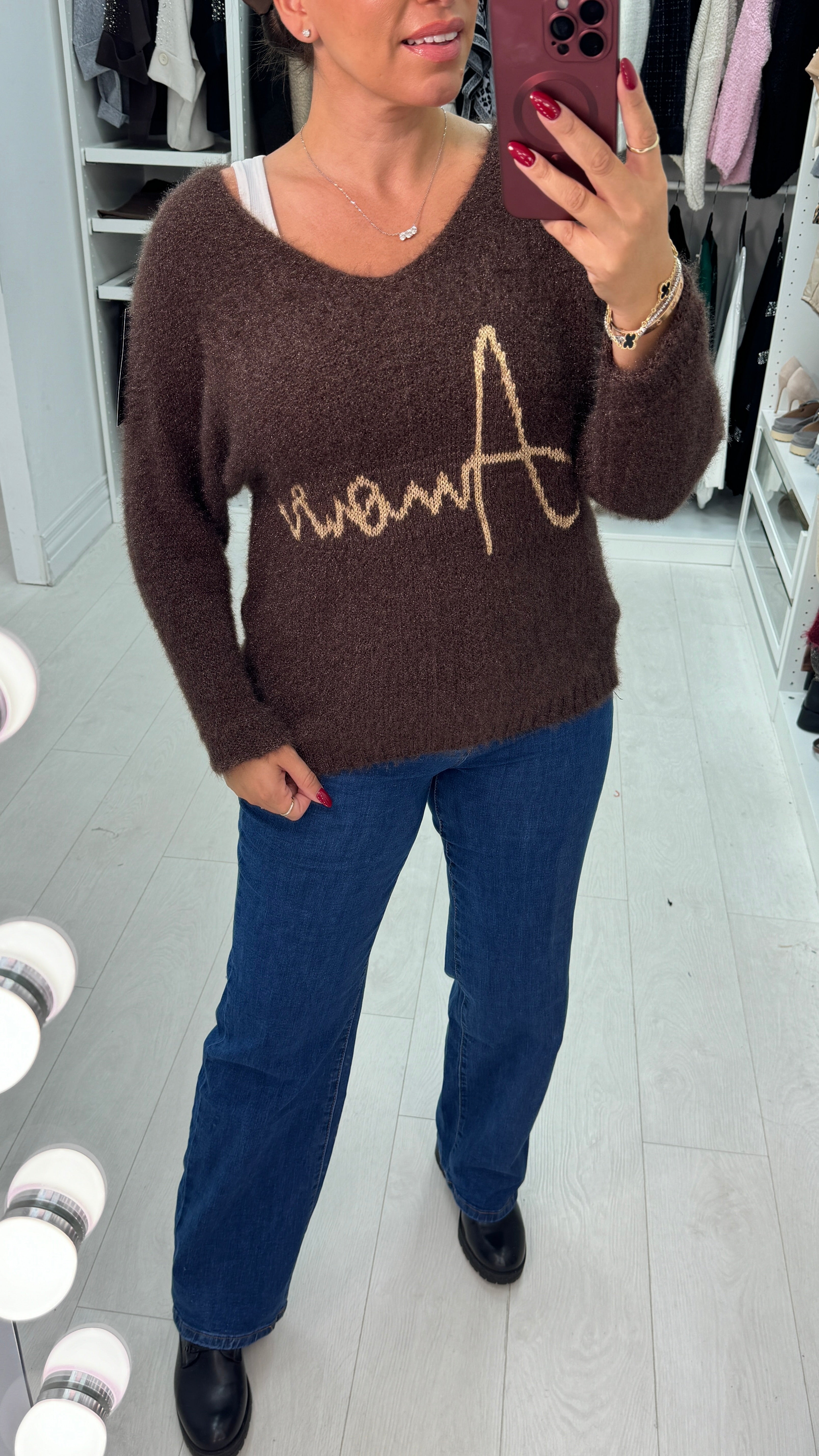 Kellie 'Amore' Slogan Fluffy Jumper