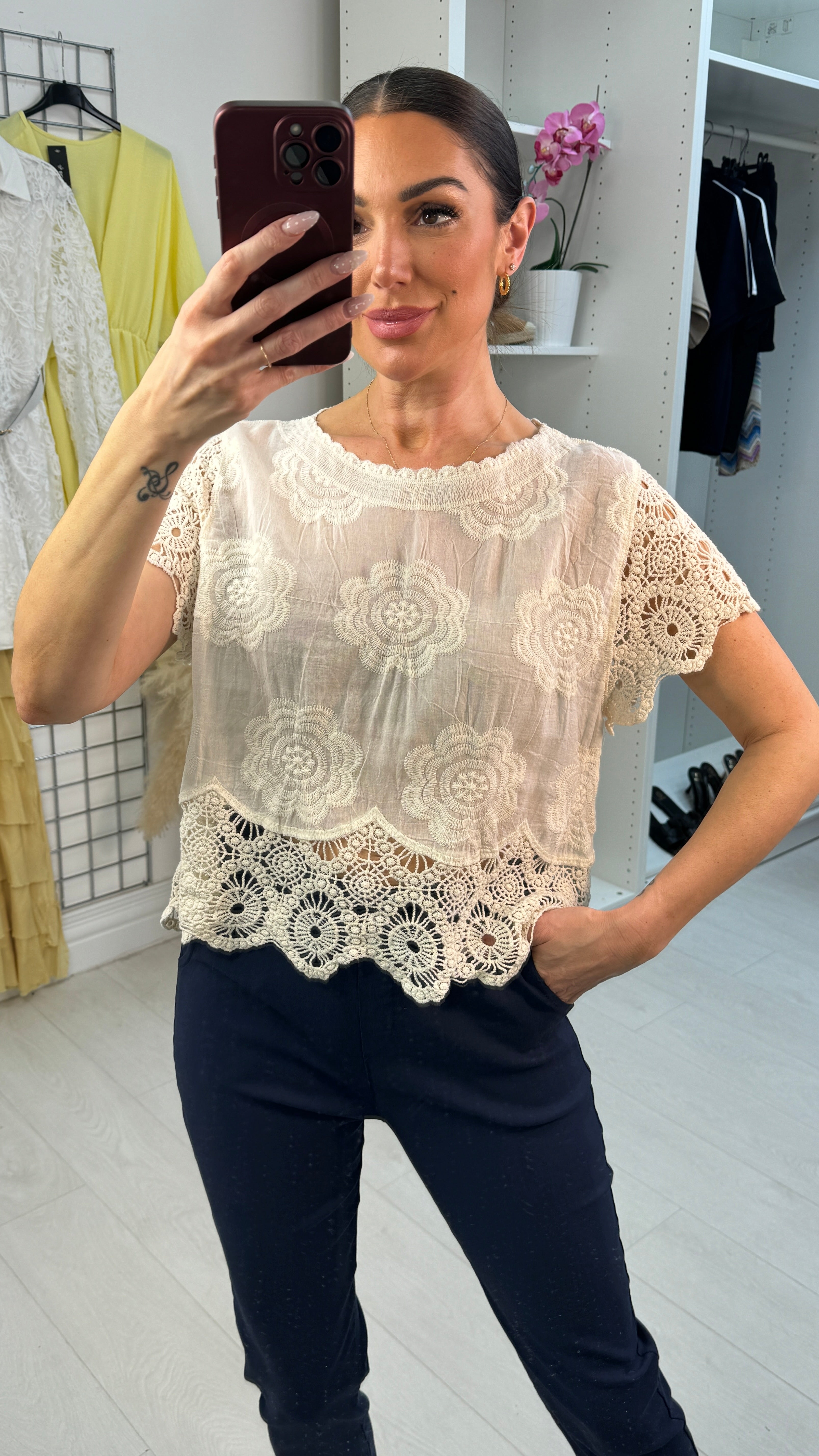 Alisa Floral Embroidered Crochet Hem Top