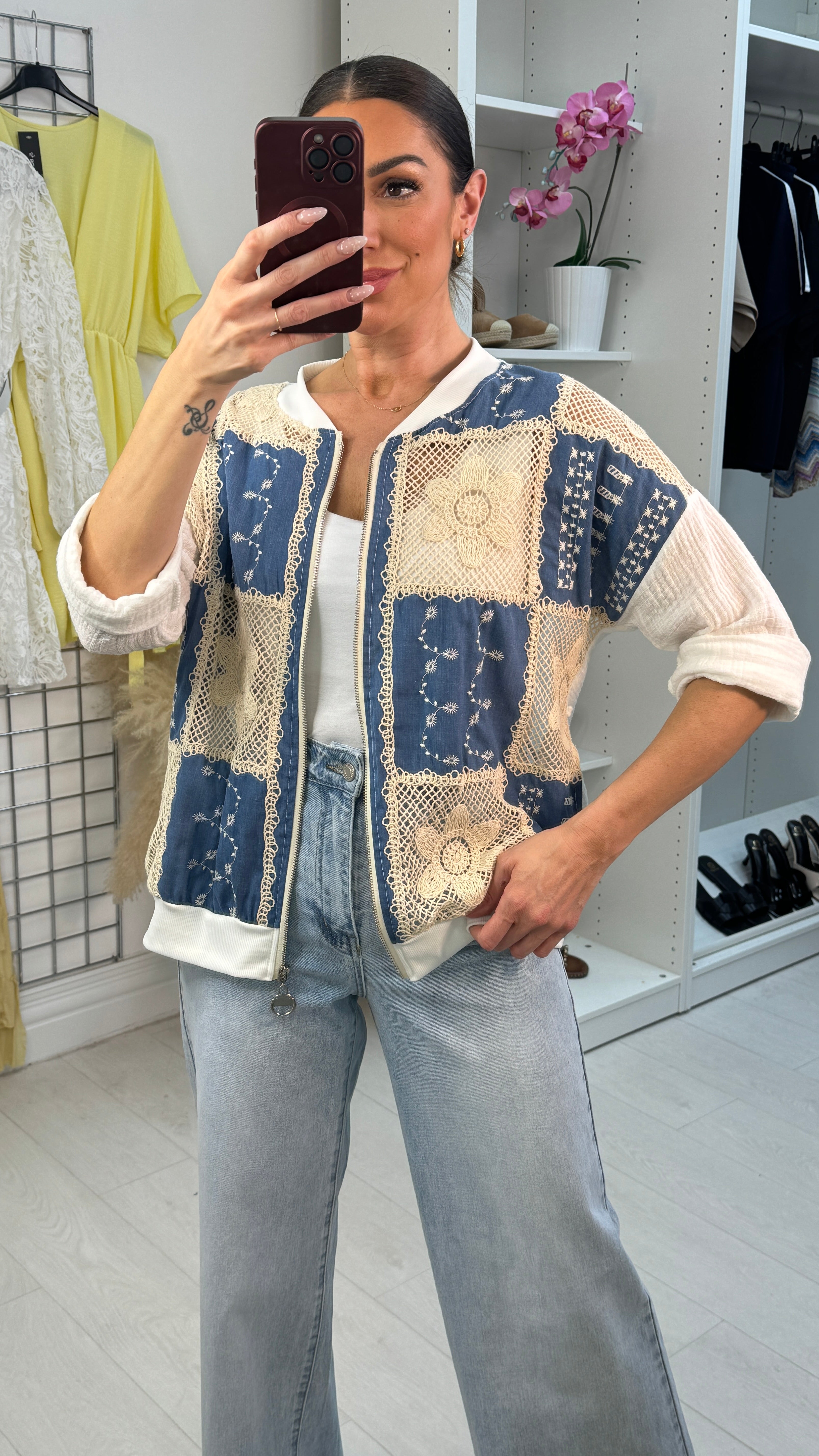 Blake Crochet Denim Detailed Bomber Jacket