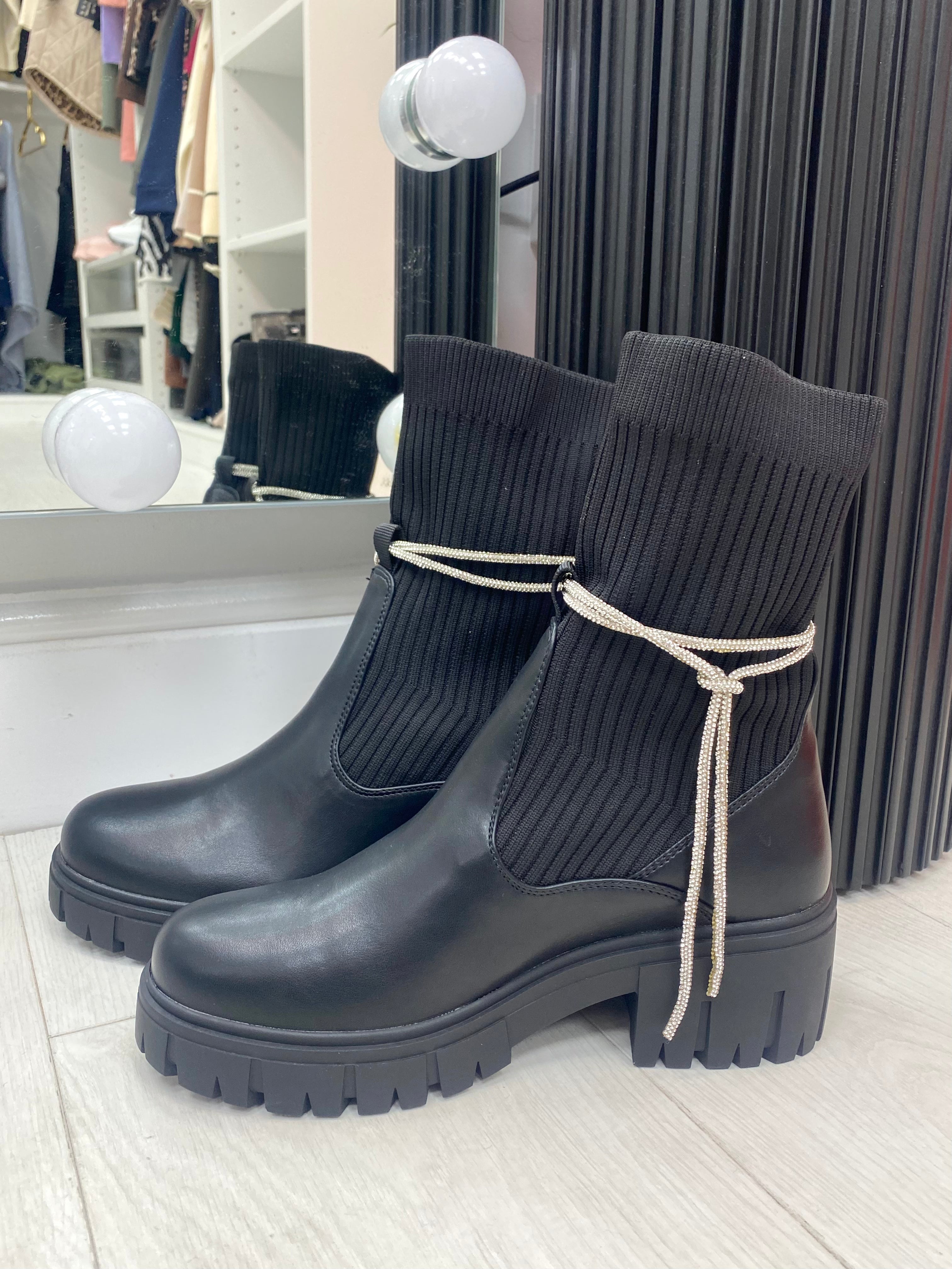 Zelie Faux Leather Ribbed Sock Detailed Diamante Lace Boots