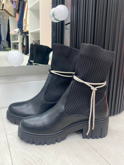 Zelie Faux Leather Ribbed Sock Detailed Diamante Lace Boots