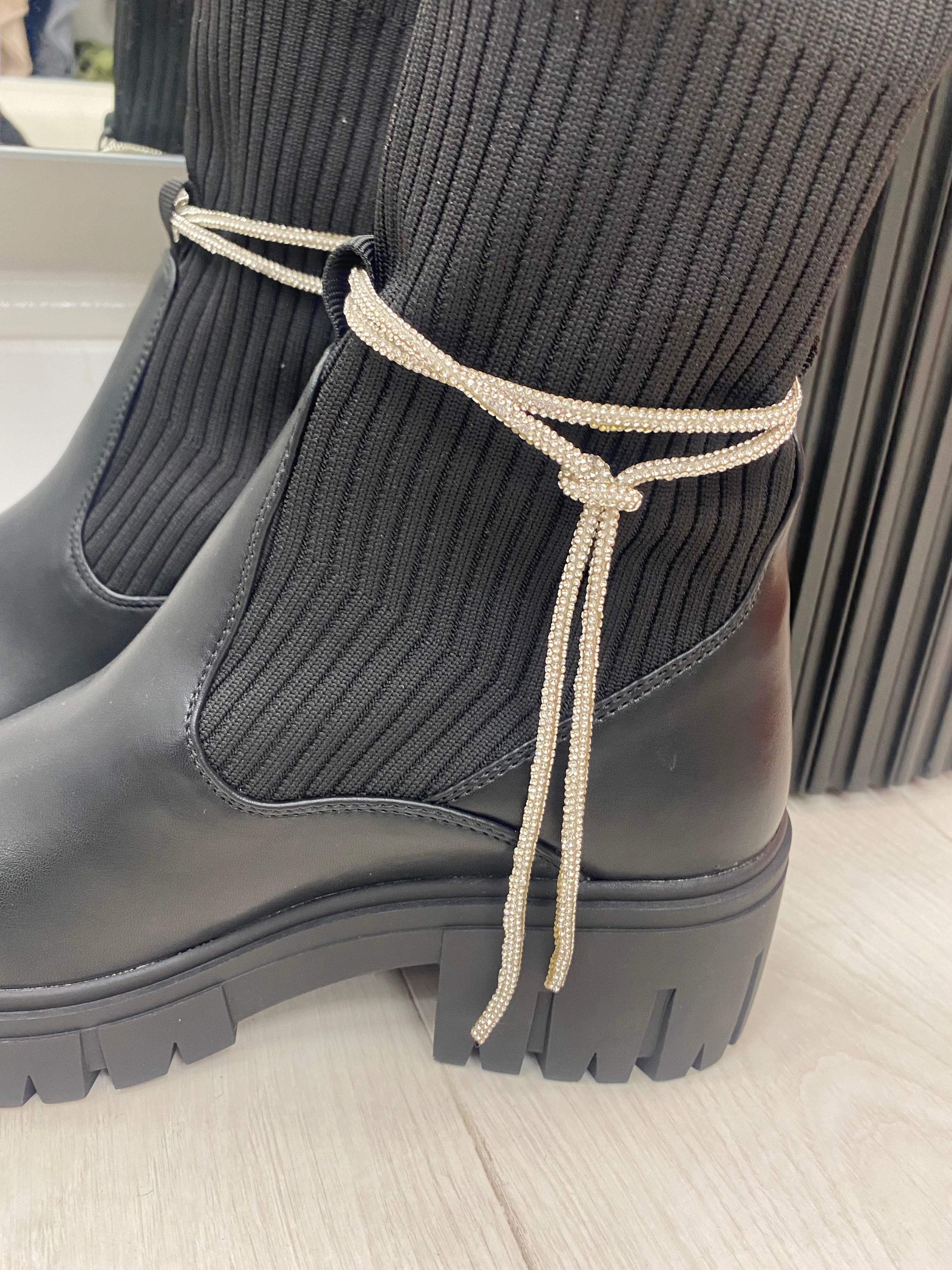 Zelie Faux Leather Ribbed Sock Detailed Diamante Lace Boots