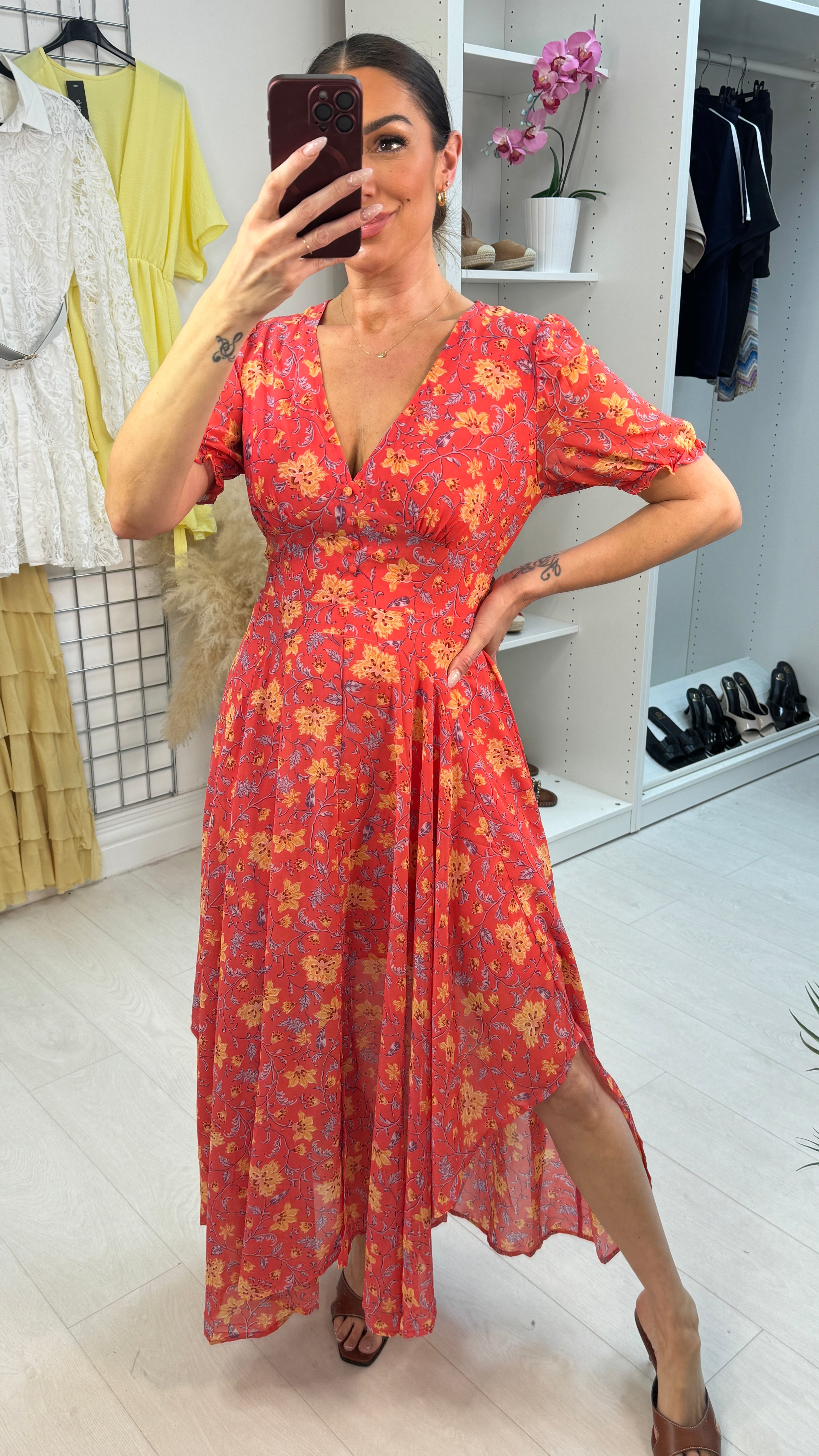 Wendi Floral Print V Neck Floaty Dress
