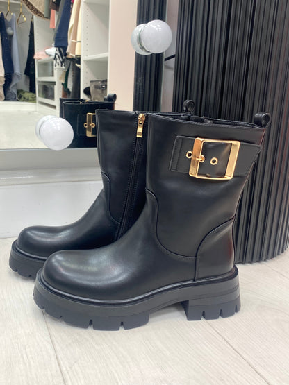 Bailee Black Faux Leather Buckle Detail Boots