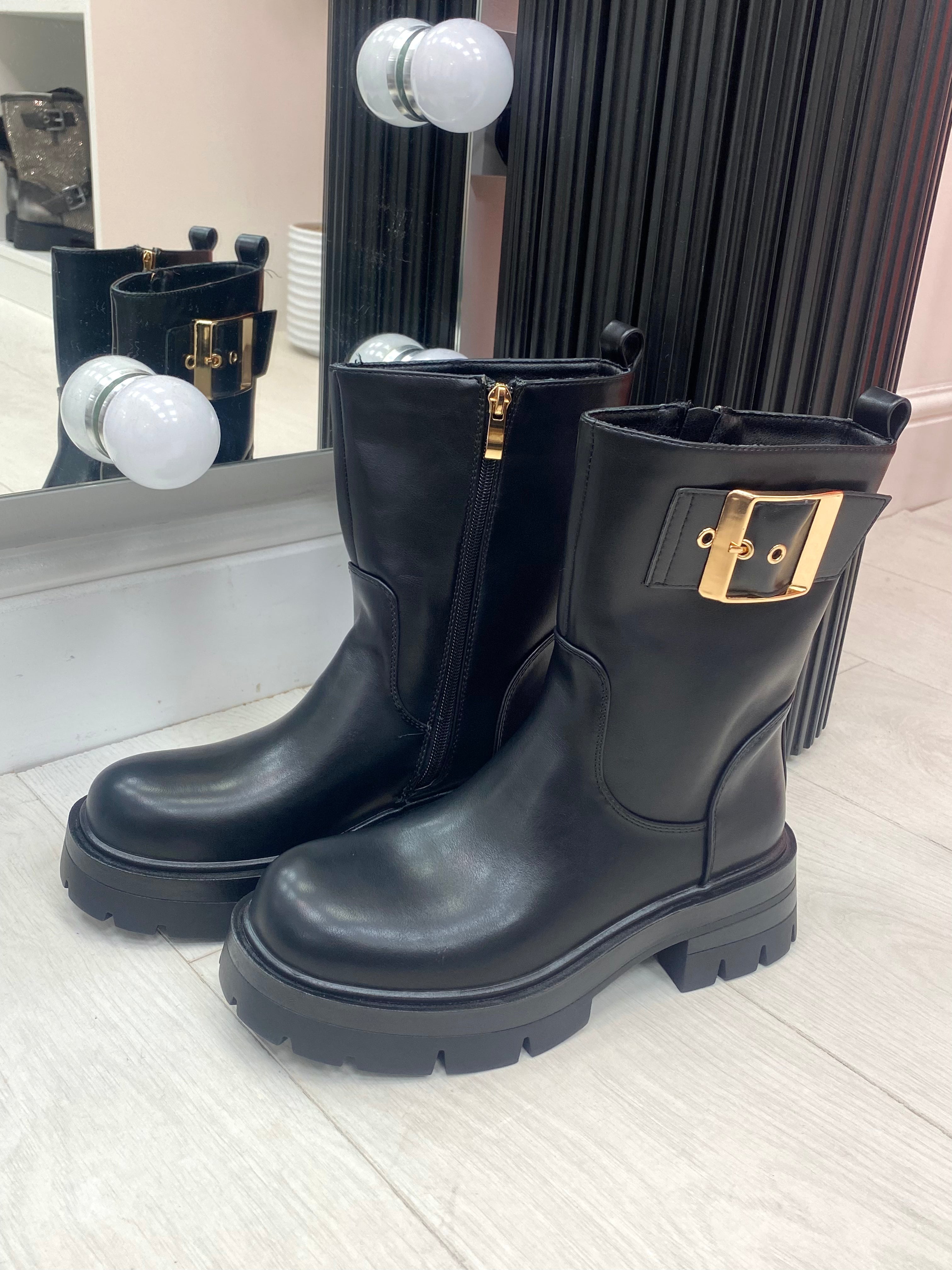 Bailee Black Faux Leather Buckle Detail Boots