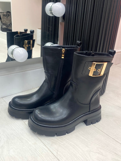 Bailee Black Faux Leather Buckle Detail Boots