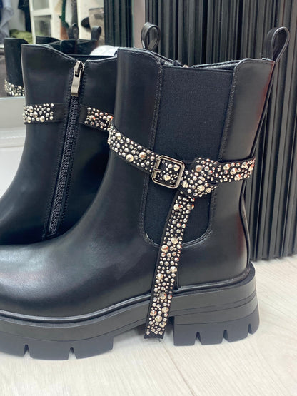 Amery Black Faux Leather Crystal Detail Ankle Boots