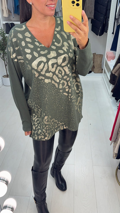 Issy Animal Print V Neck Loose Fit Jumper