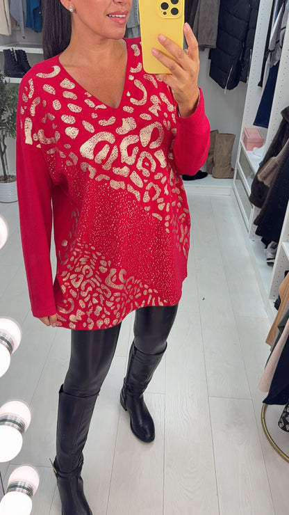 Issy Animal Print V Neck Loose Fit Jumper