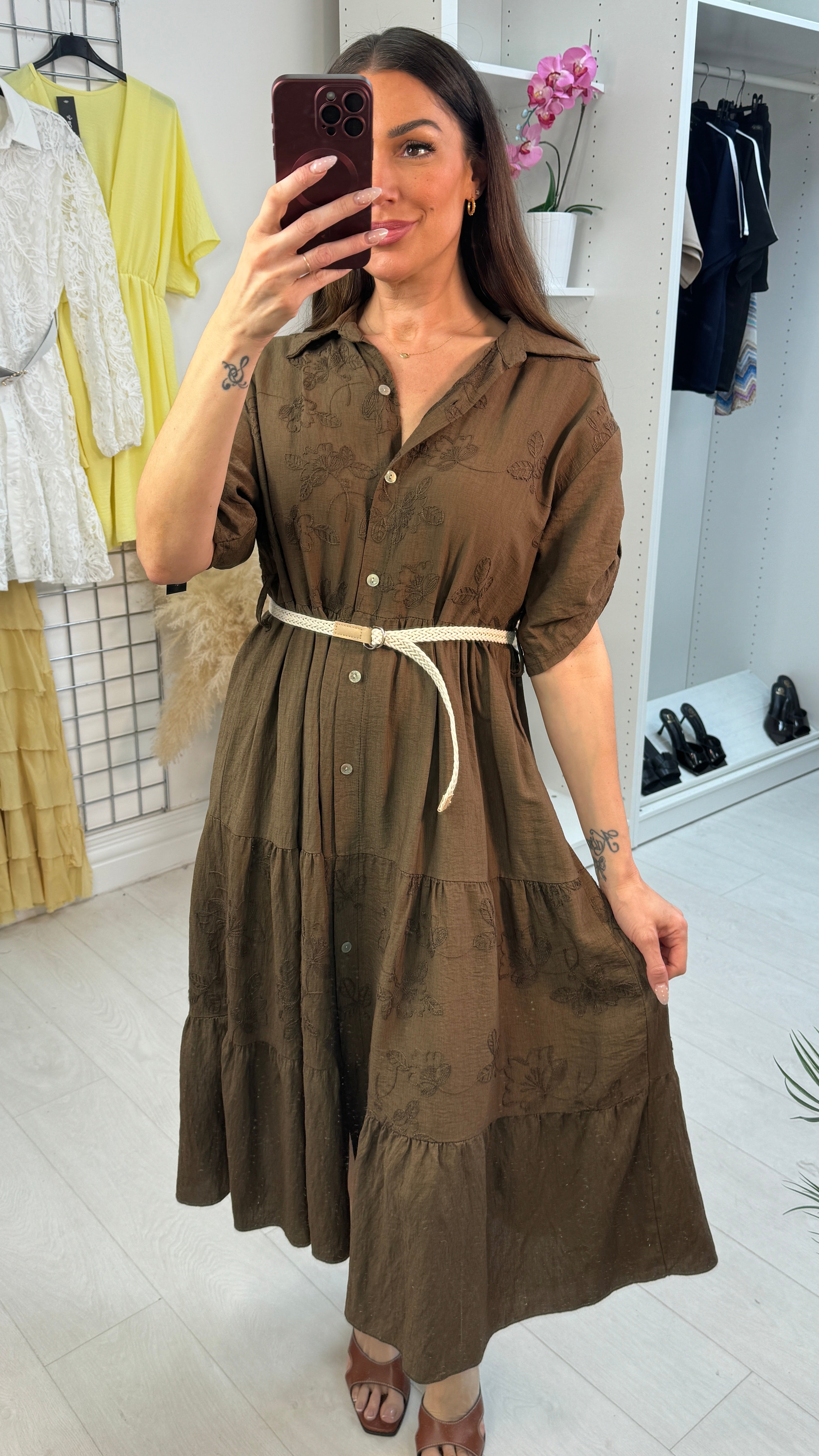 Quinton Plain Embroidered Button Front Smock Dress