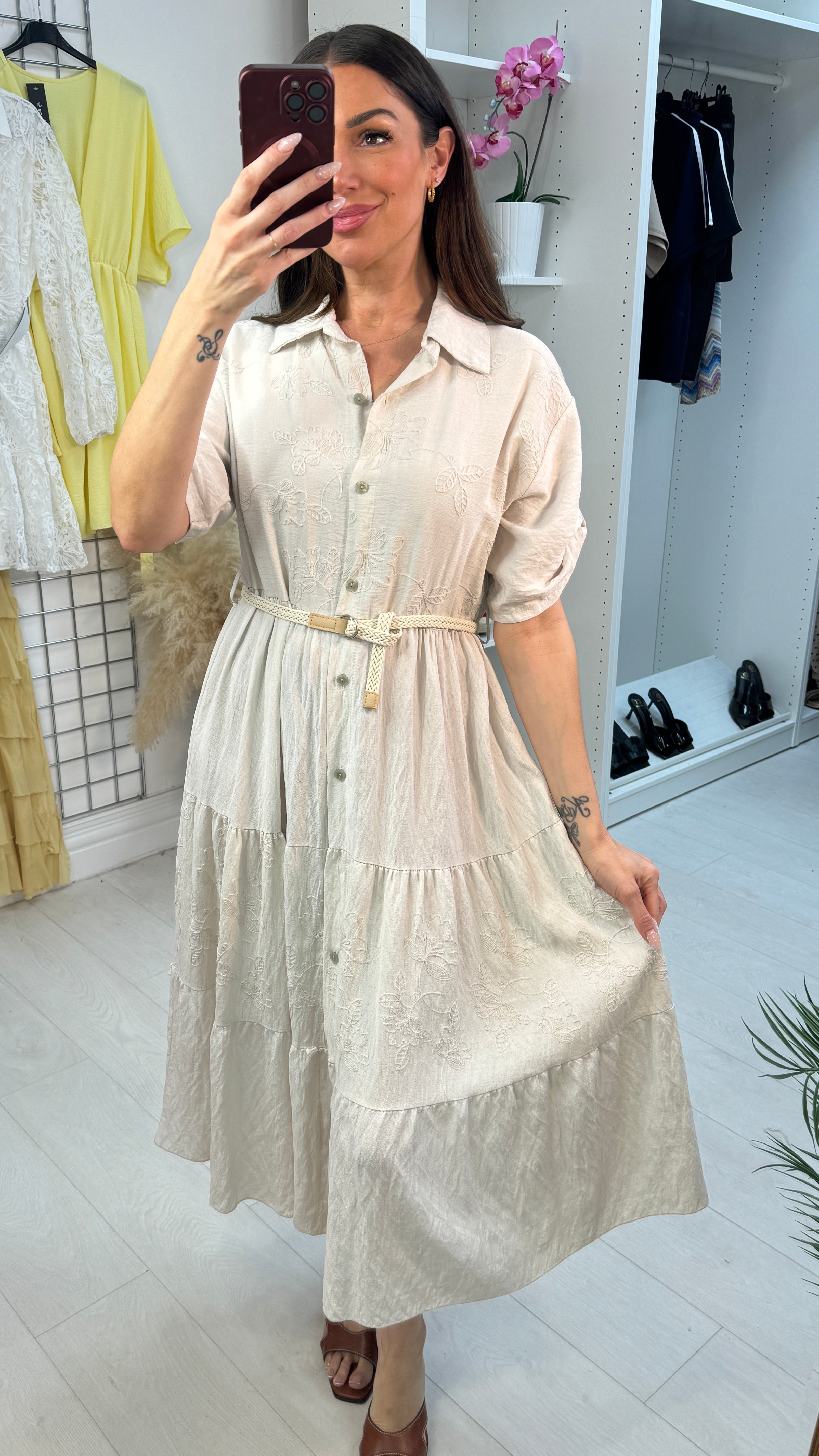 Quinton Plain Embroidered Button Front Smock Dress