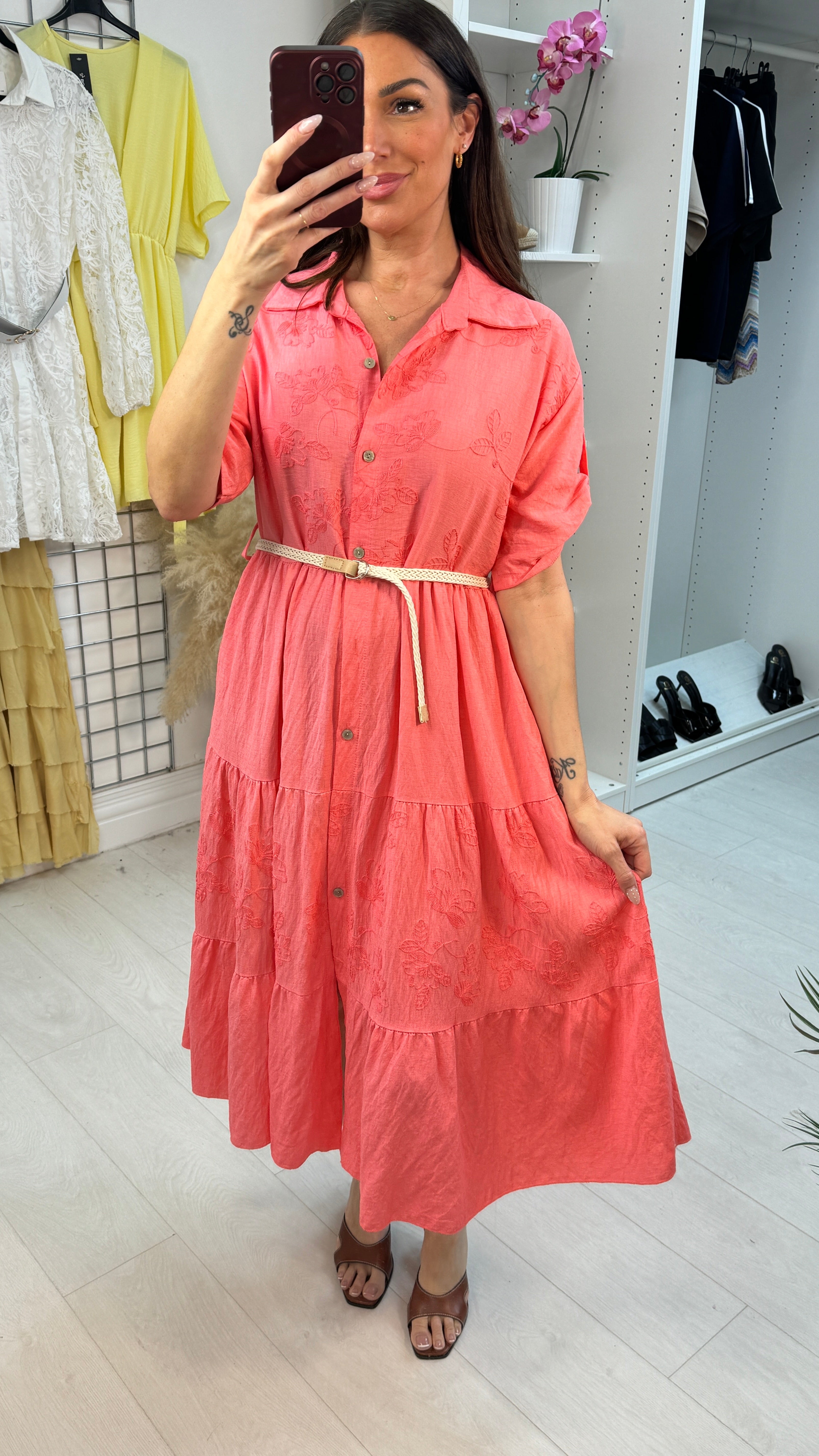 Quinton Plain Embroidered Button Front Smock Dress