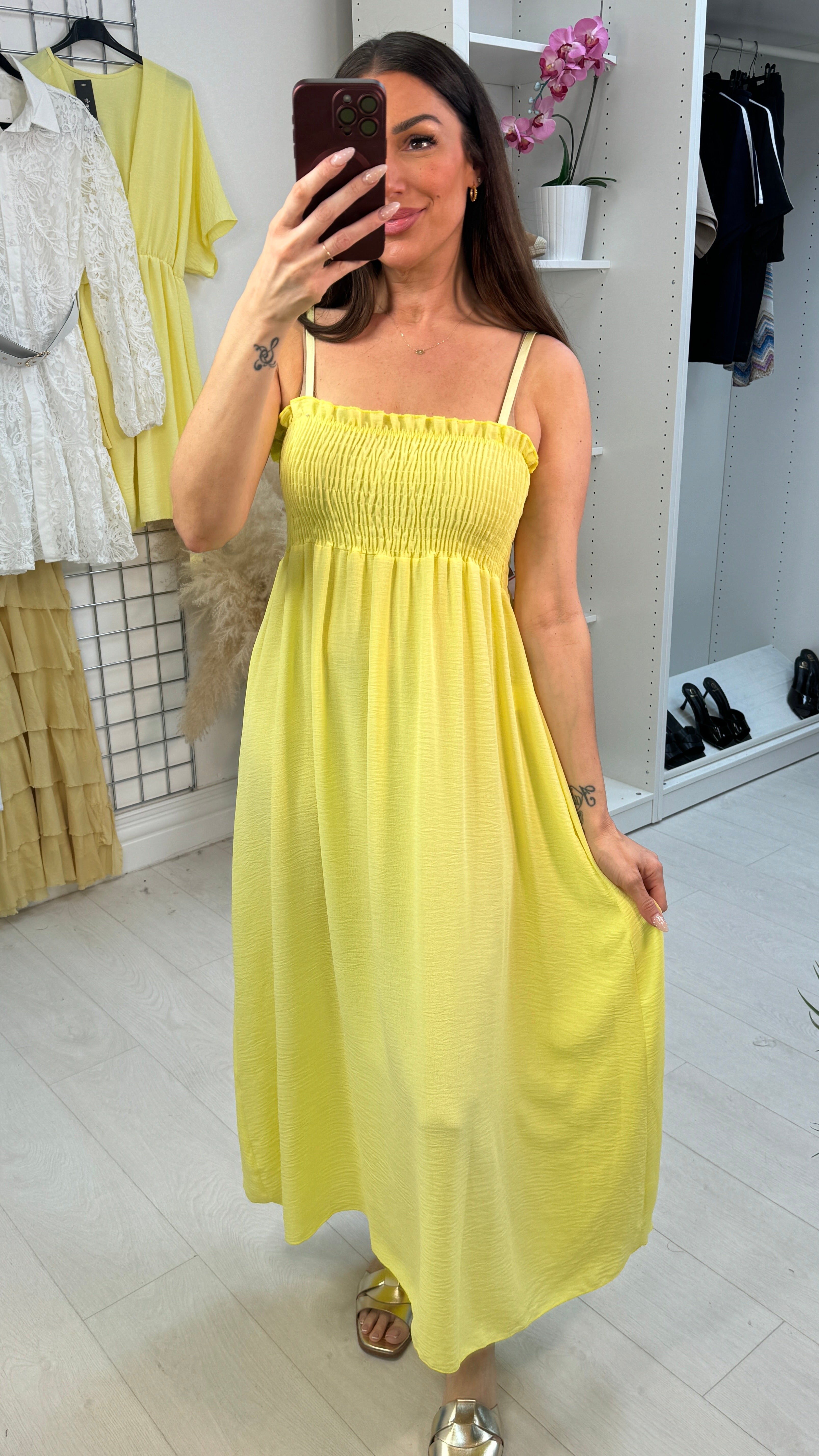 Priscila Plain Shirred Bust Floaty Midi Dress