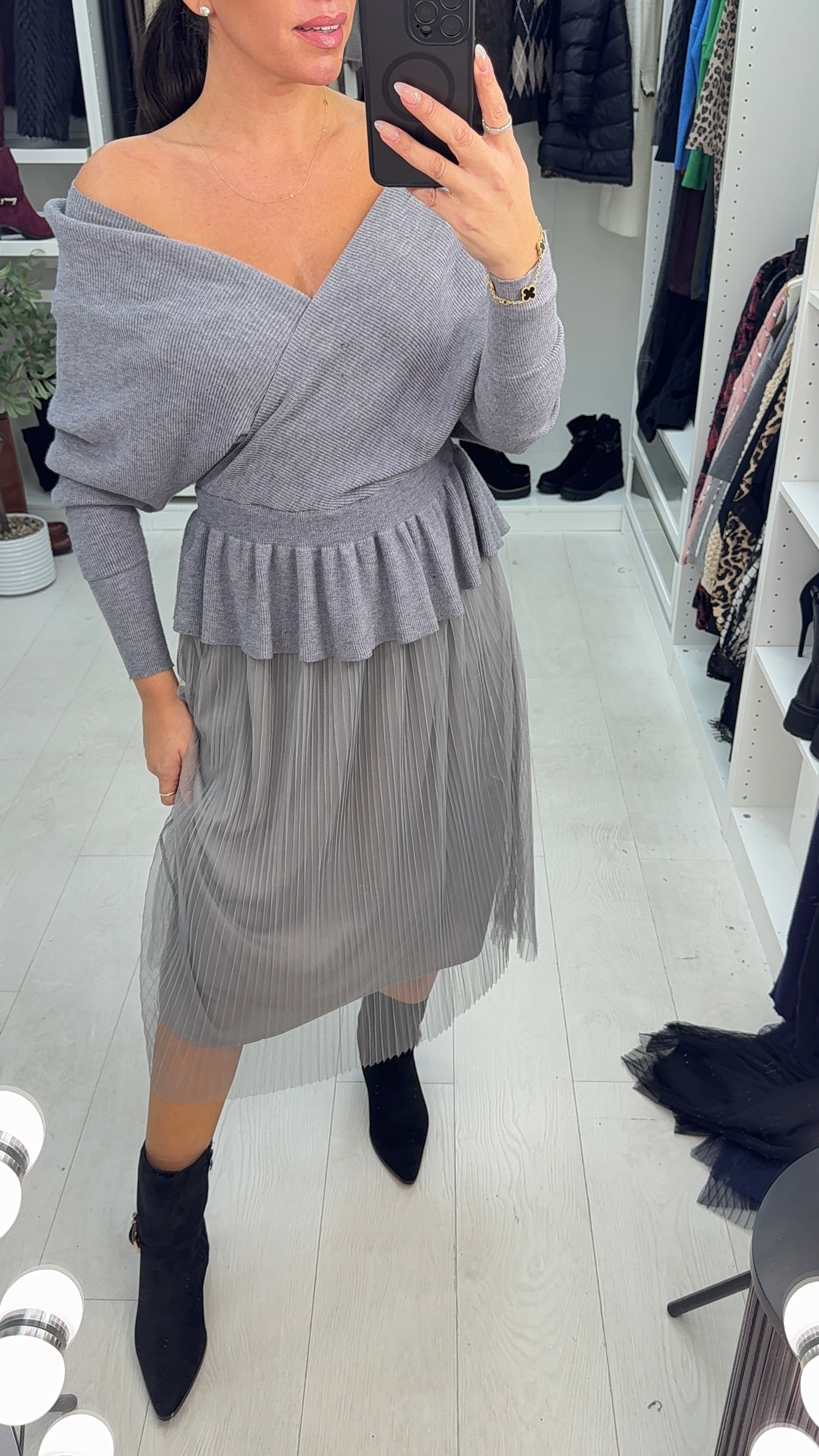 Marceline Pleated Mesh Skirt Knit Dress