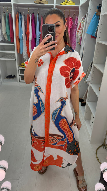 Marisol Peacock Print Loose Fit Shirt Dress