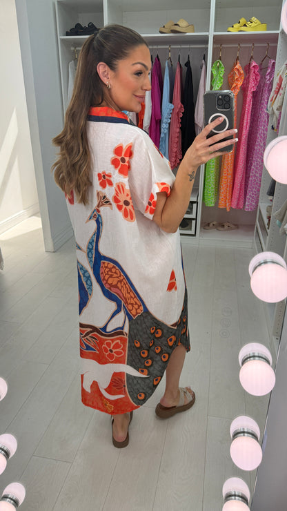 Marisol Peacock Print Loose Fit Shirt Dress