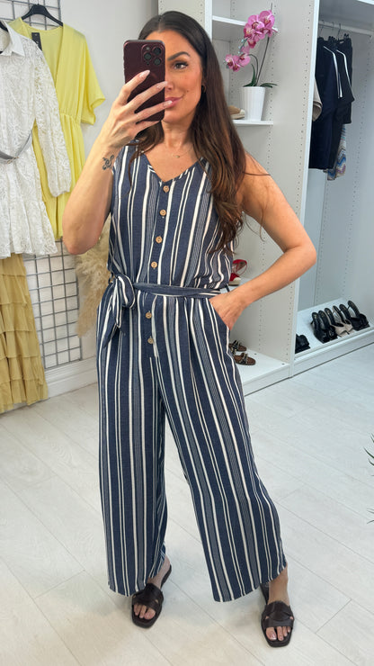 Pure Striped Button Front Jumpsuit