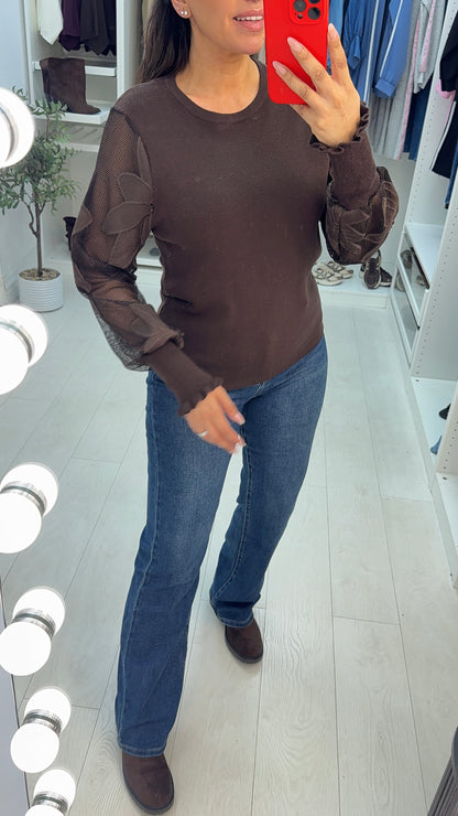Ginette Plain Floral Mesh Sleeve Detailed Jumper