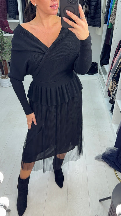 Marceline Pleated Mesh Skirt Knit Dress