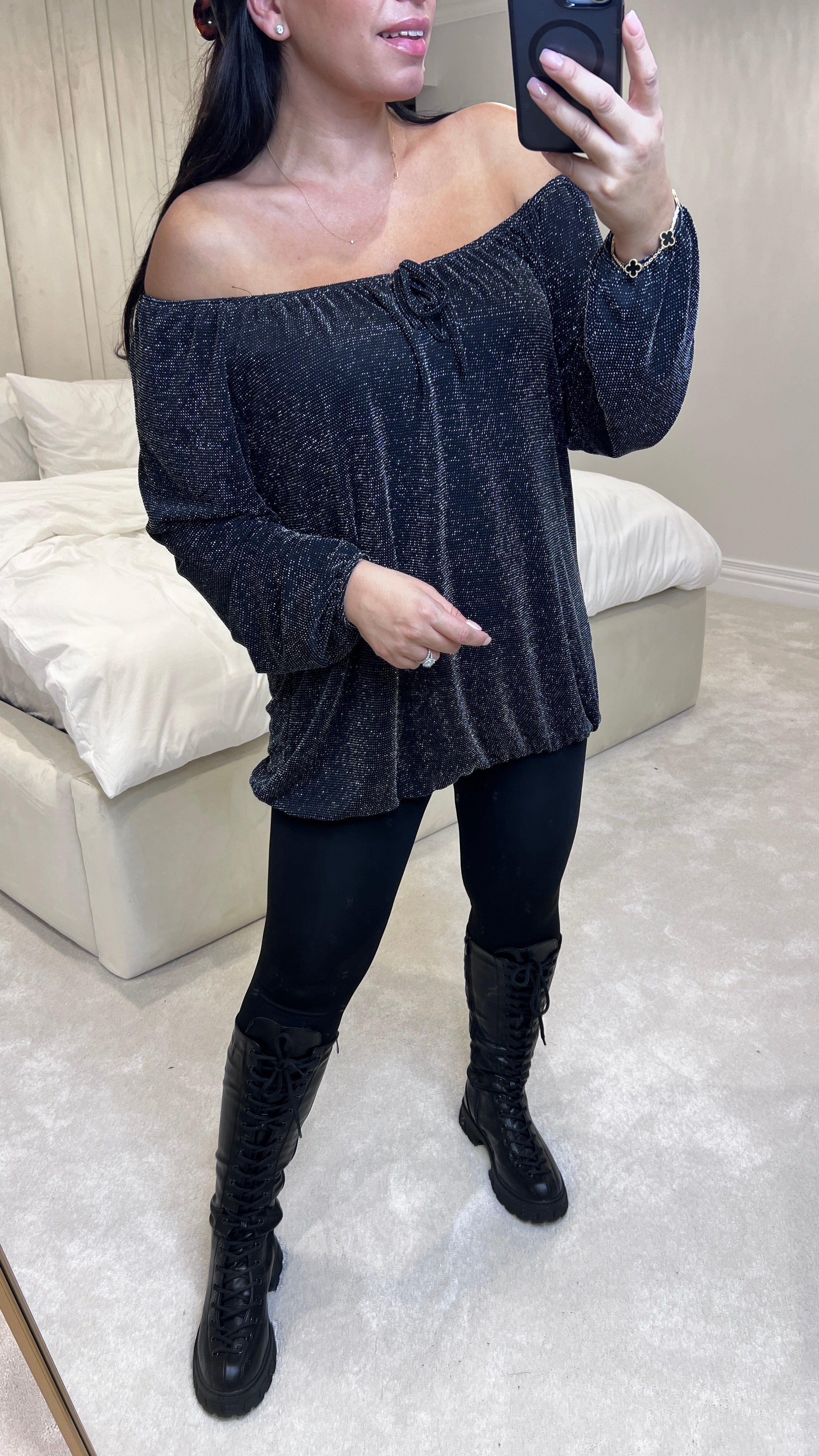 Santiago Bardot Tie Glitter Blouse