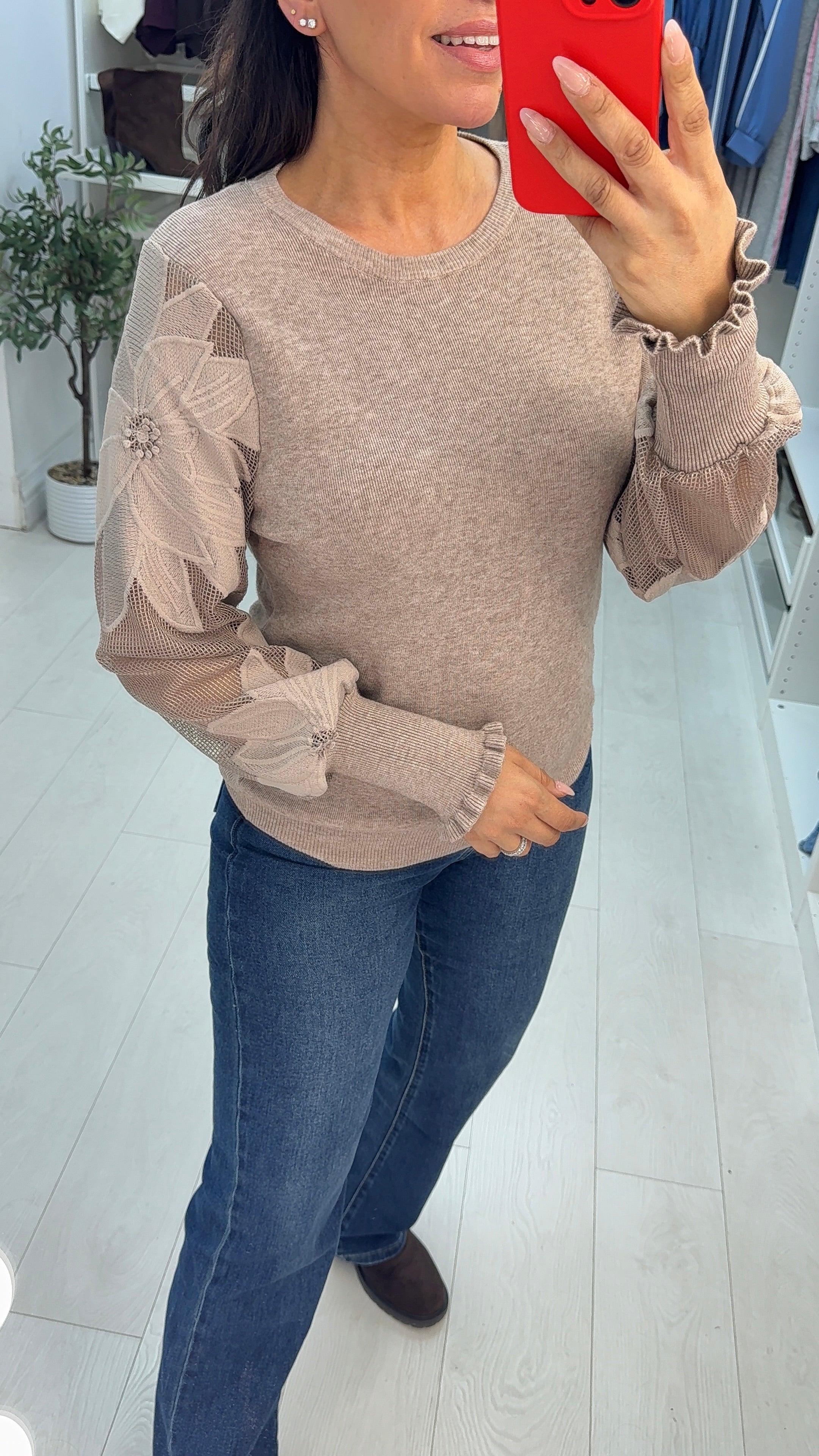 Ginette Plain Floral Mesh Sleeve Detailed Jumper