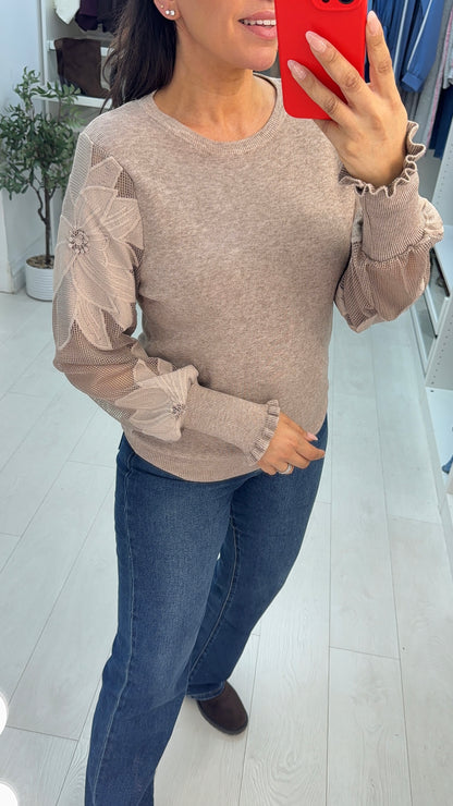 Ginette Plain Floral Mesh Sleeve Detailed Jumper