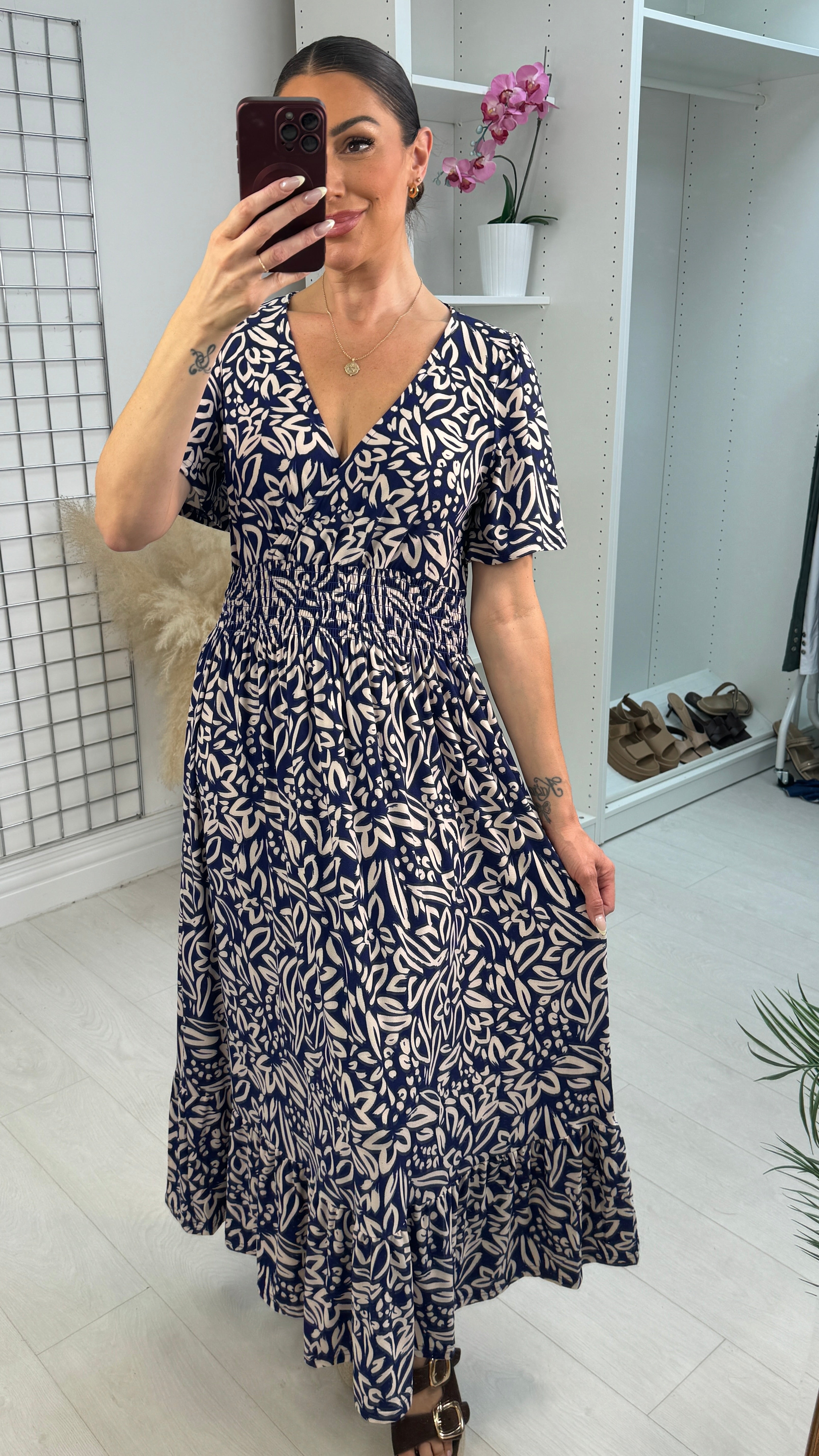 Tegan Abstract Print Shirred Midi Dress