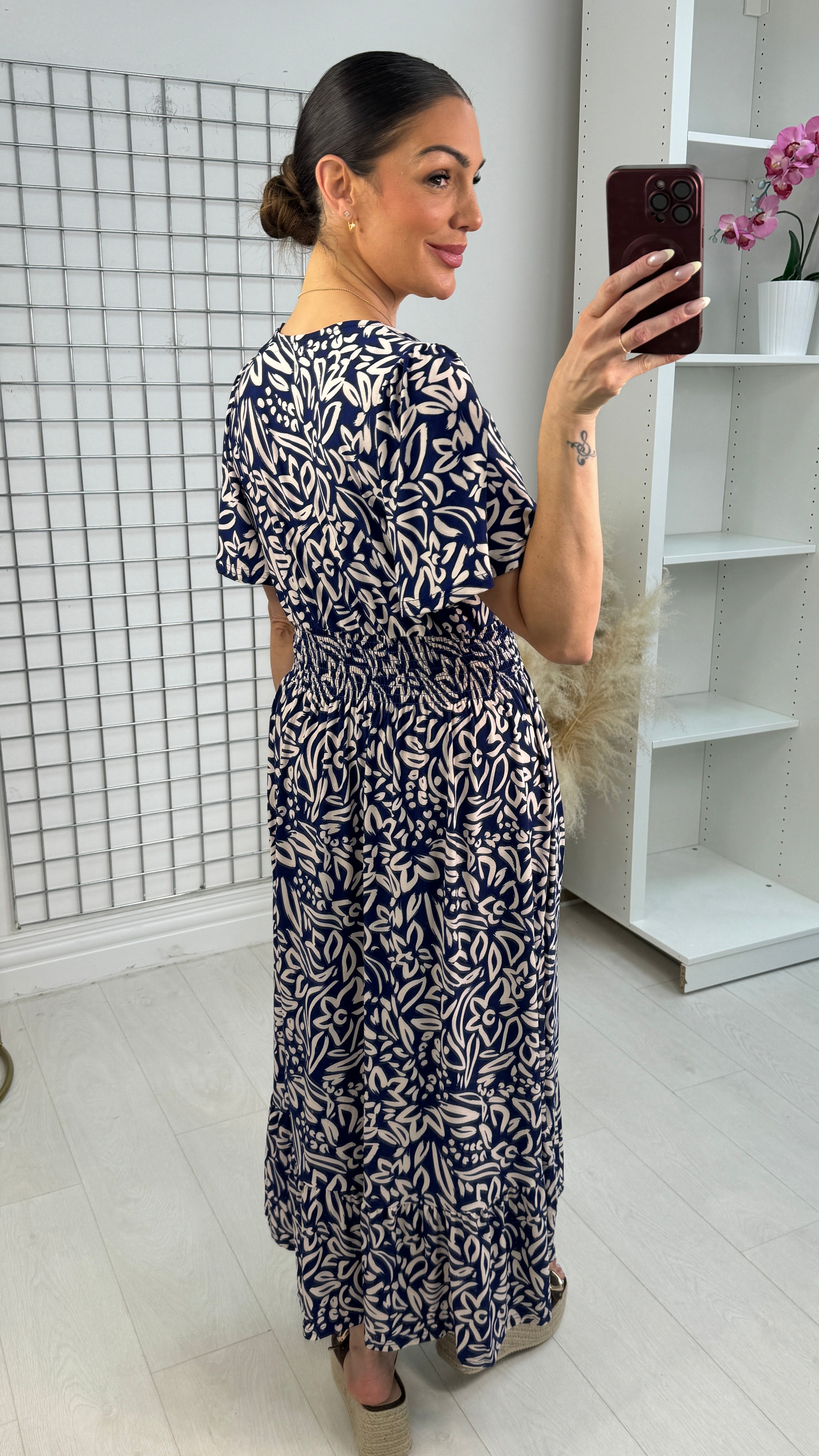 Tegan Abstract Print Shirred Midi Dress