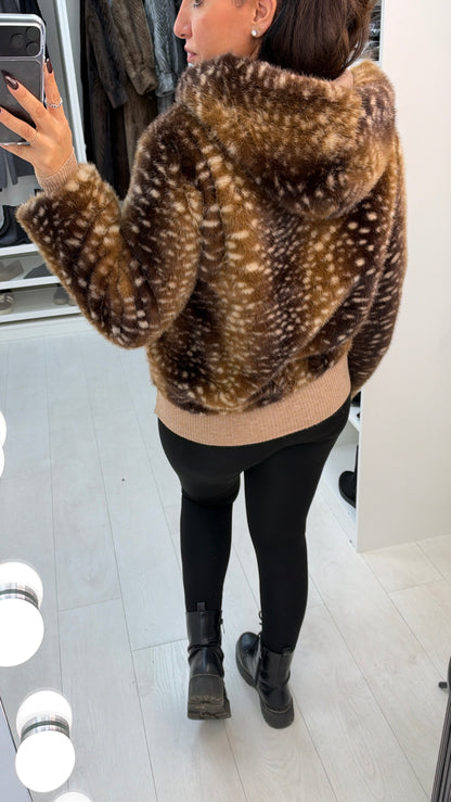Evrin Bambi Print Faux Fur Hooded Jacket