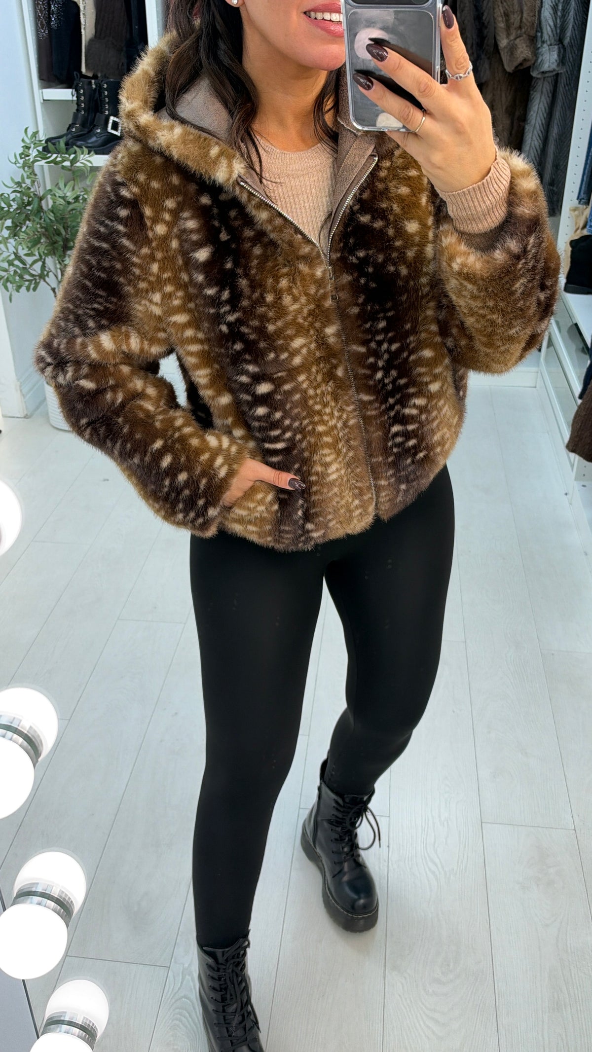 Evrin Bambi Print Faux Fur Hooded Jacket