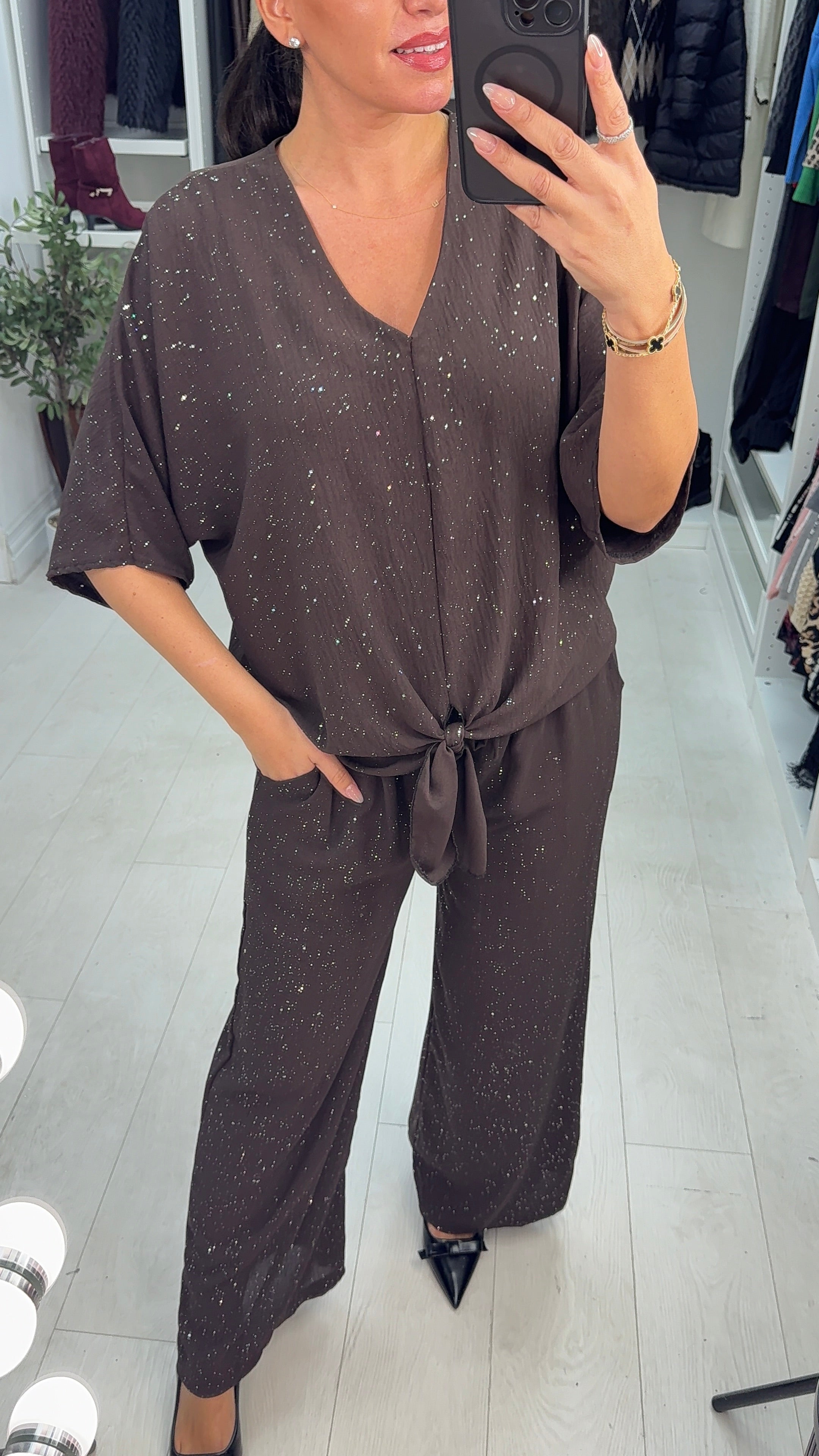 Cecillia Tie Front V Neck Sparkle Top