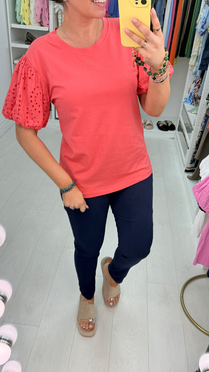 Quinny Plain Broidery Ballon Sleeve Top